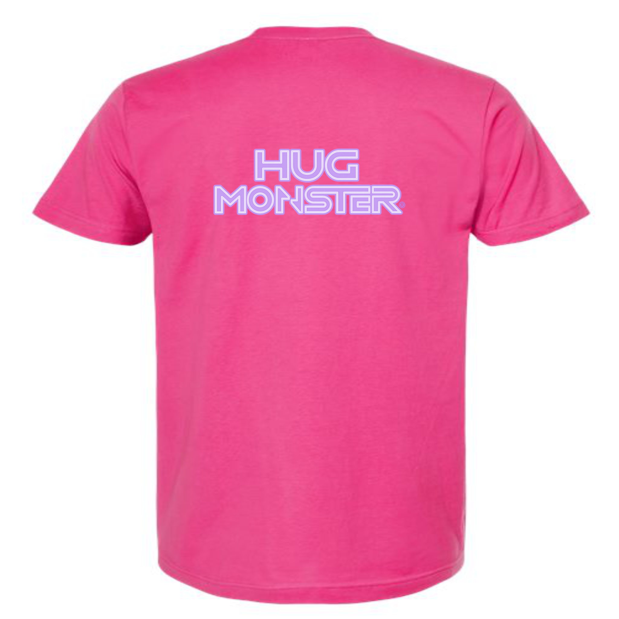 Hug Monster Electric Grid (Chalk Violet Logo) - Positive Message Graphic Tee in Bright Fuscia – Back View