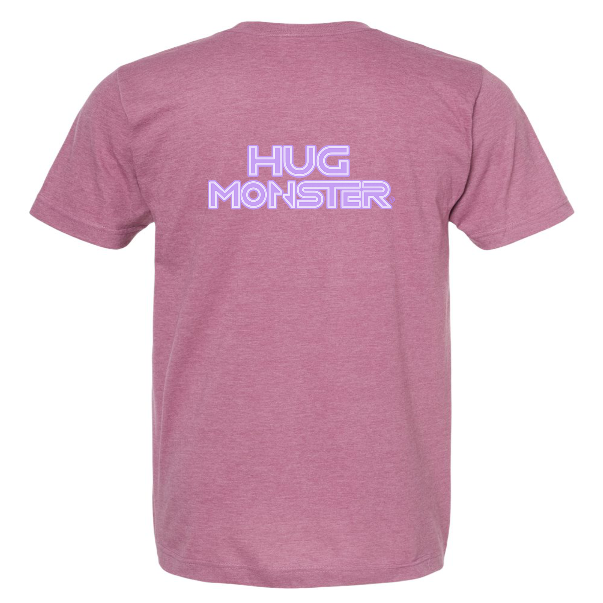 Hug Monster Electric Grid (Chalk Violet Logo) - Positive Message Graphic Tee in Heather Dusty Rose Pink – Back View