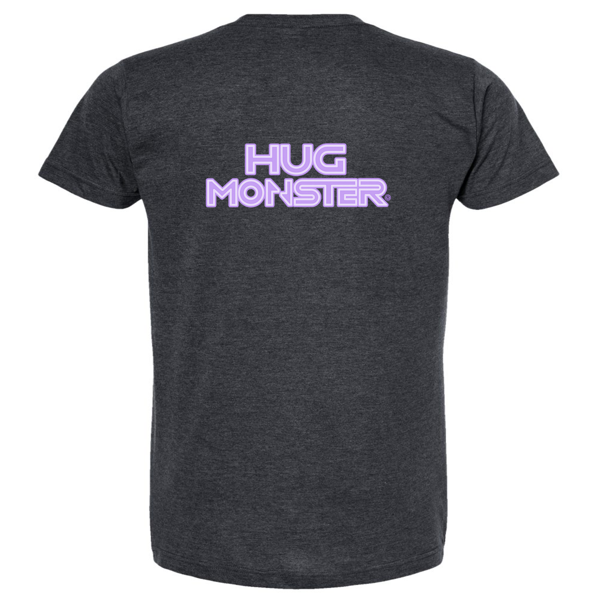 Hug Monster Electric Grid (Chalk Violet Logo) - Positive Message Graphic Tee in Heather Graphite – Back View