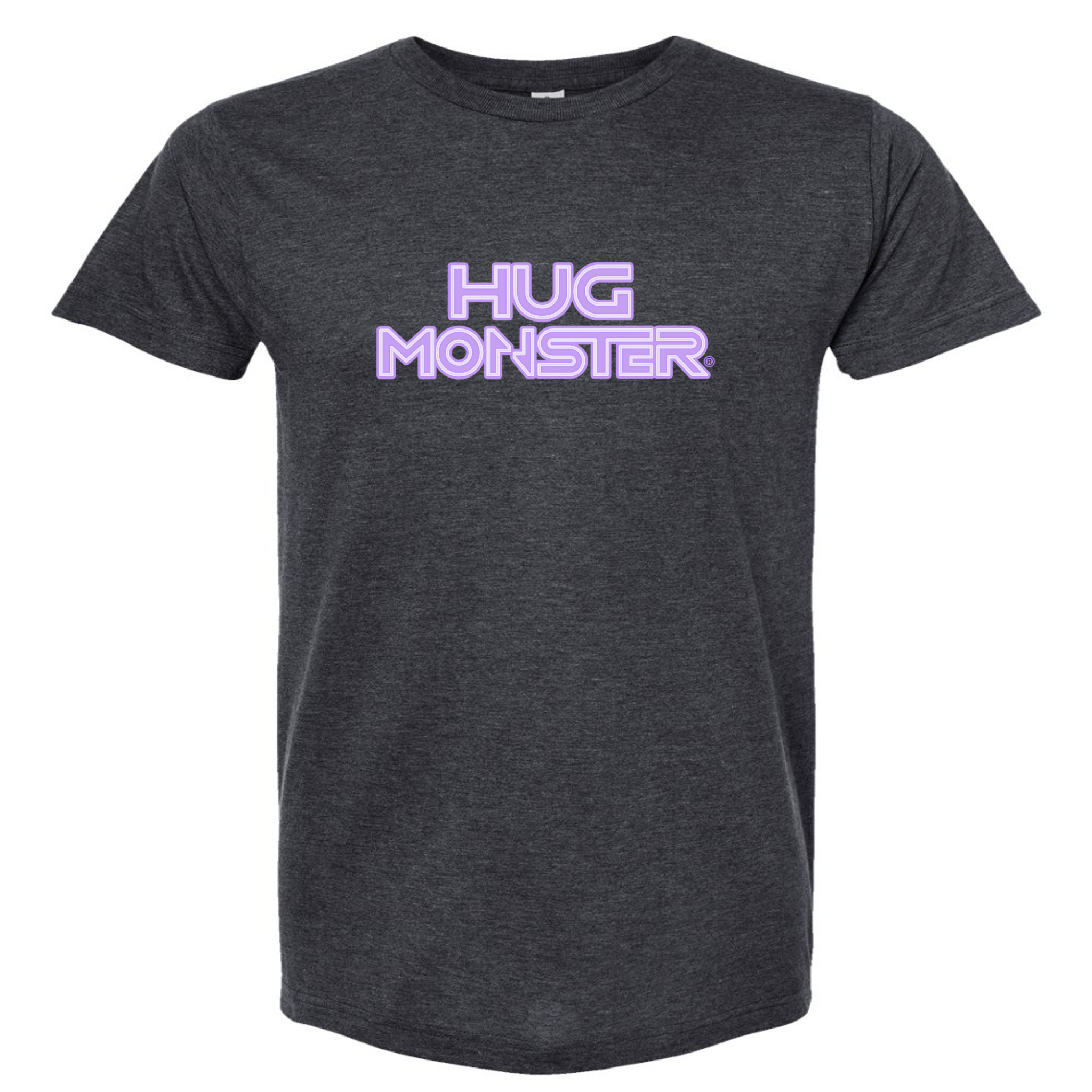Hug Monster Electric Grid (Chalk Violet Logo) - Positive Message Graphic Tee in Heather Graphite – Front View