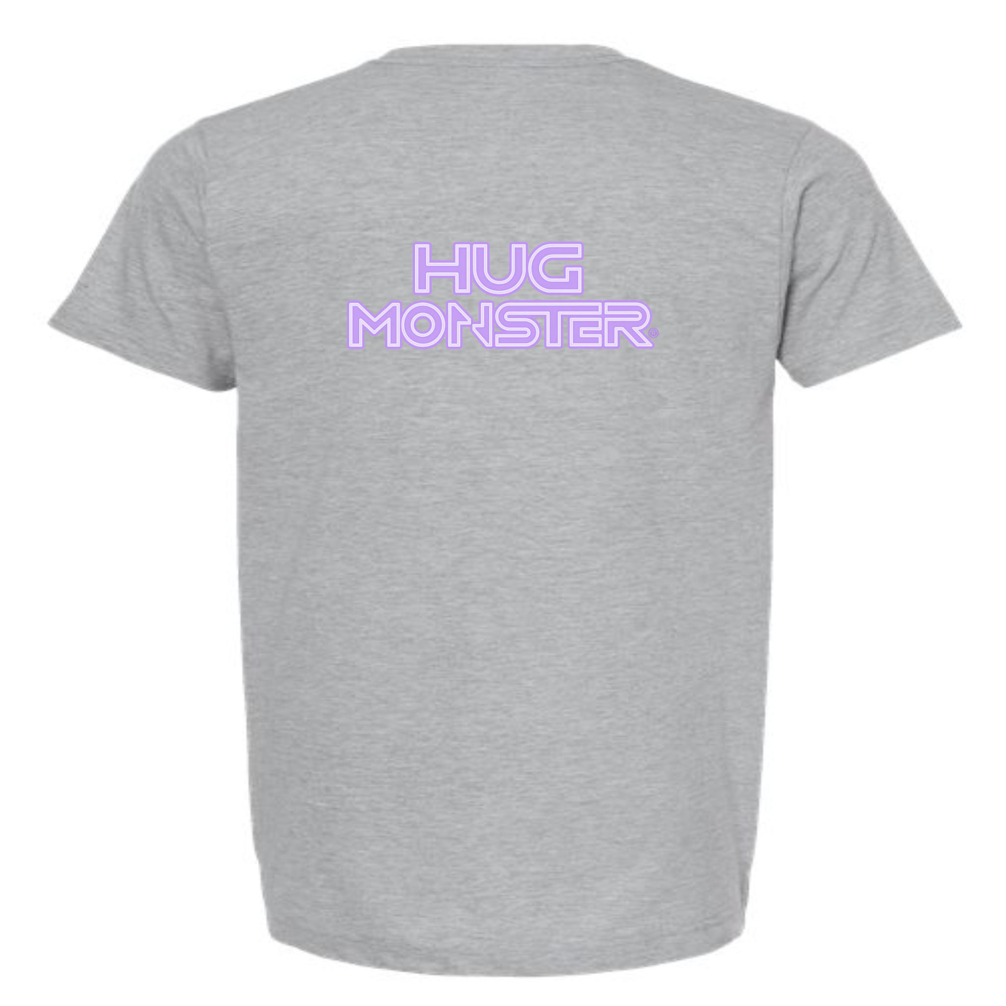 Hug Monster Electric Grid (Chalk Violet Logo) - Positive Message Graphic Tee in Heather Grey – Back View