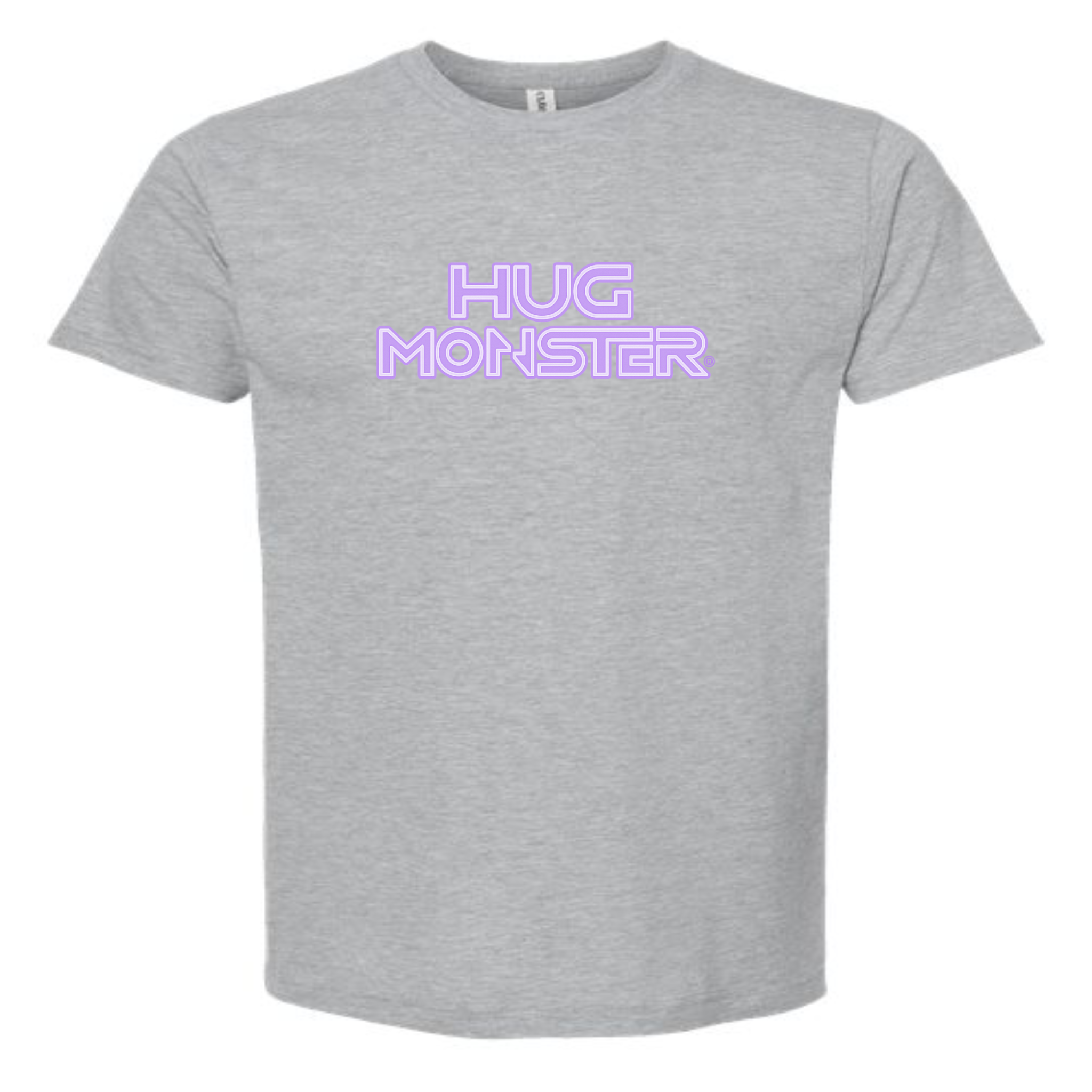 Hug Monster Electric Grid (Chalk Violet Logo) - Positive Message Graphic Tee in Heather Grey – Front View