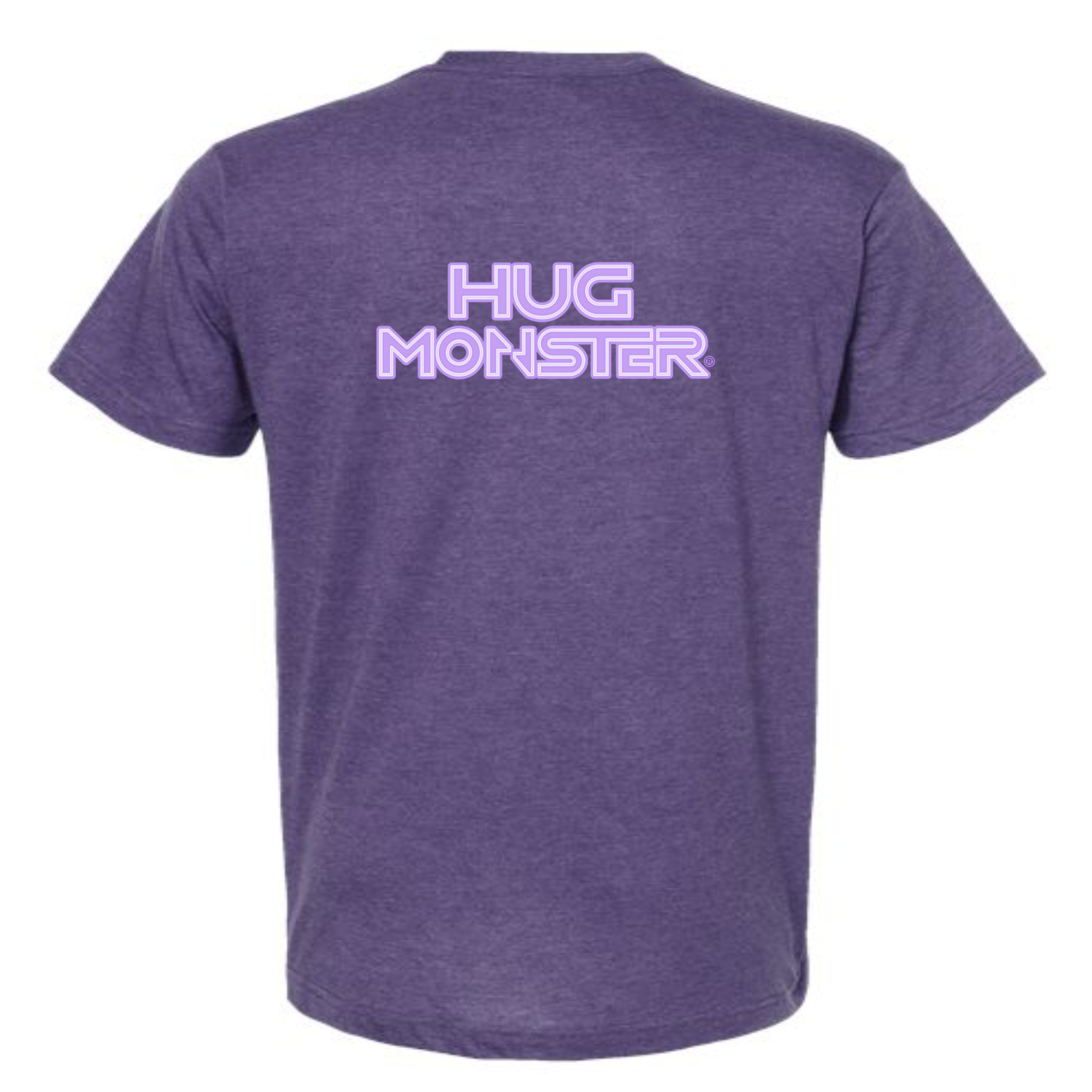 Hug Monster Electric Grid (Chalk Violet Logo) - Positive Message Graphic Tee in Heather Purple – Back View