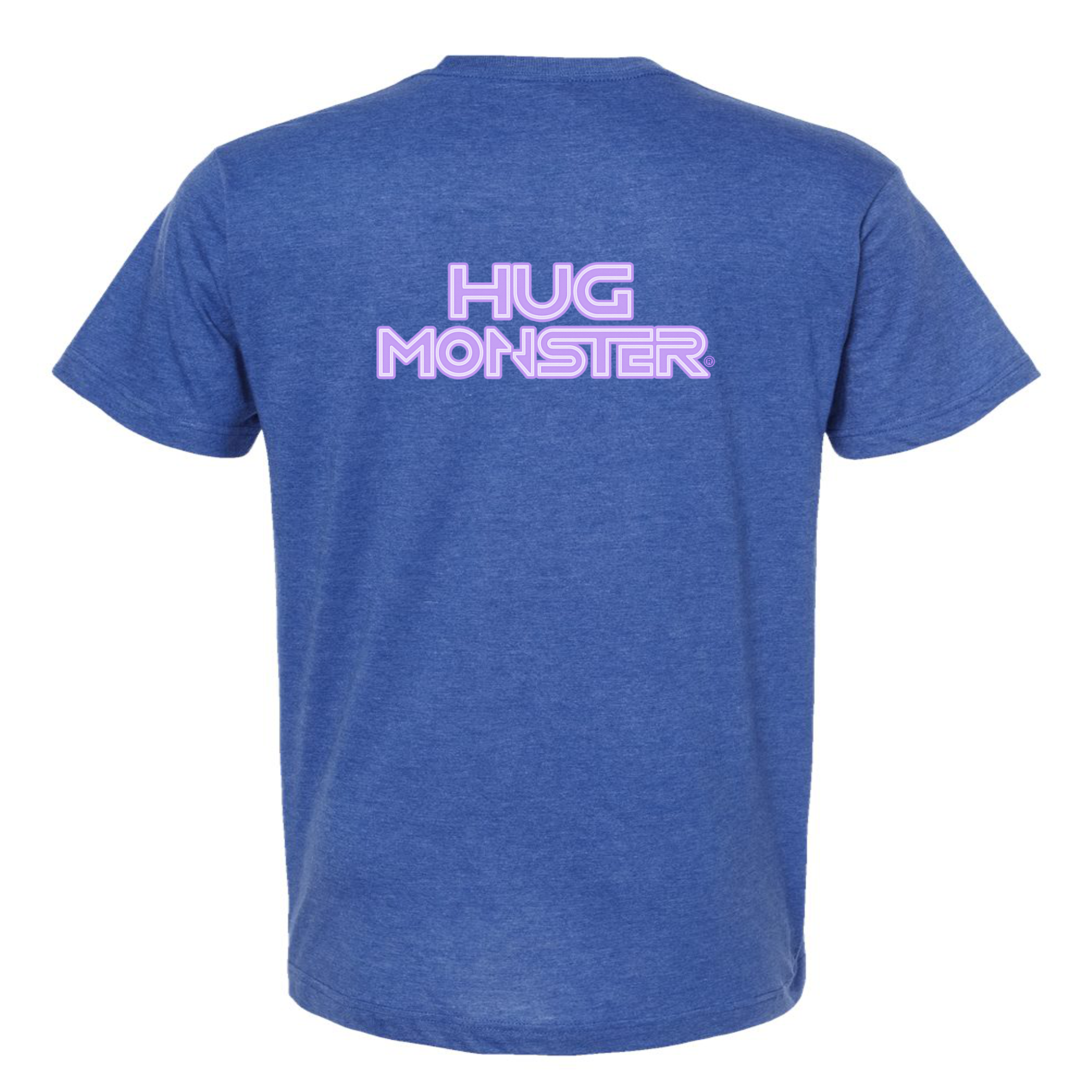 Hug Monster Electric Grid (Chalk Violet Logo) - Positive Message Graphic Tee in Heather Royal Blue – Back View