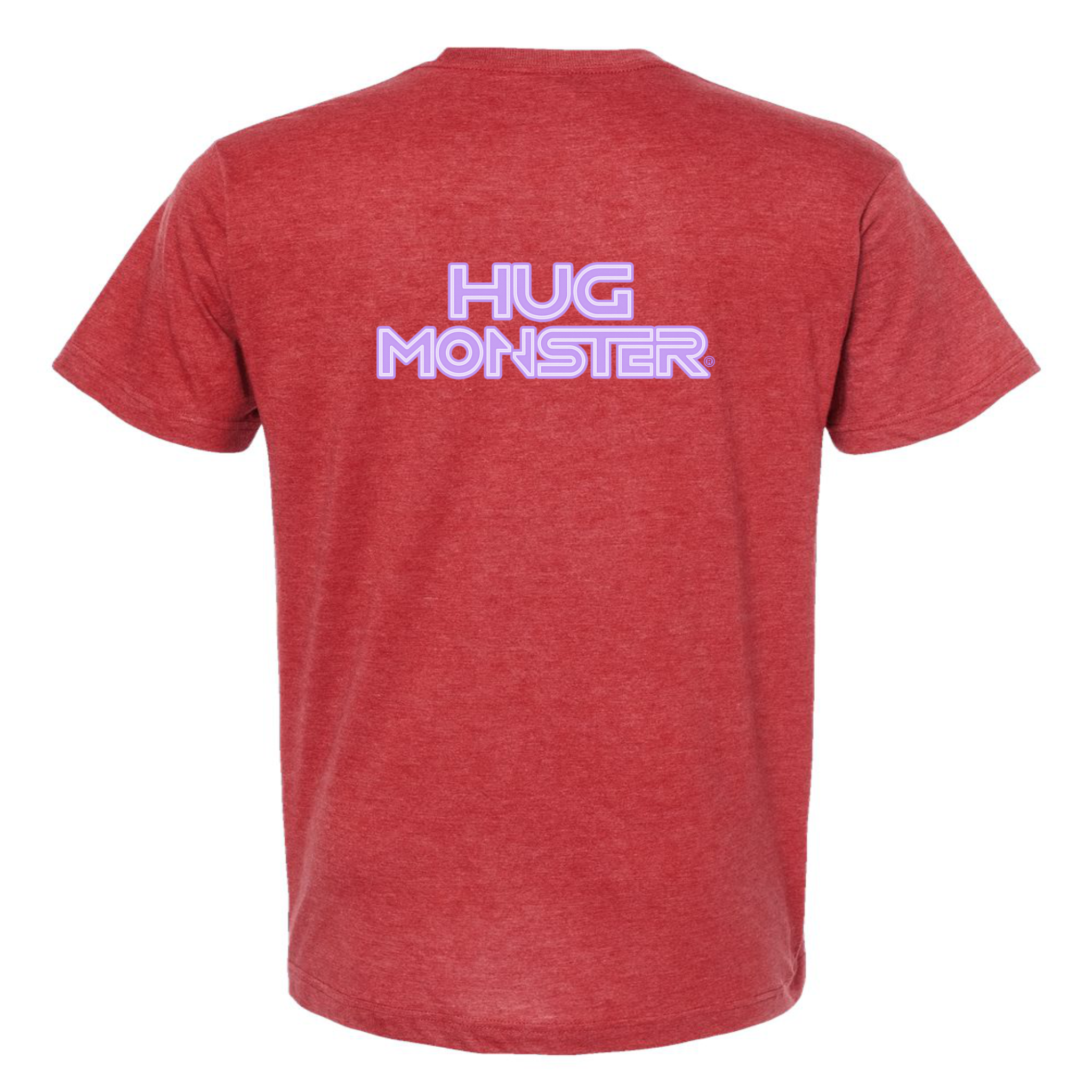 Hug Monster Electric Grid (Chalk Violet Logo) - Positive Message Graphic Tee in Heather Scarlet Red – Back View