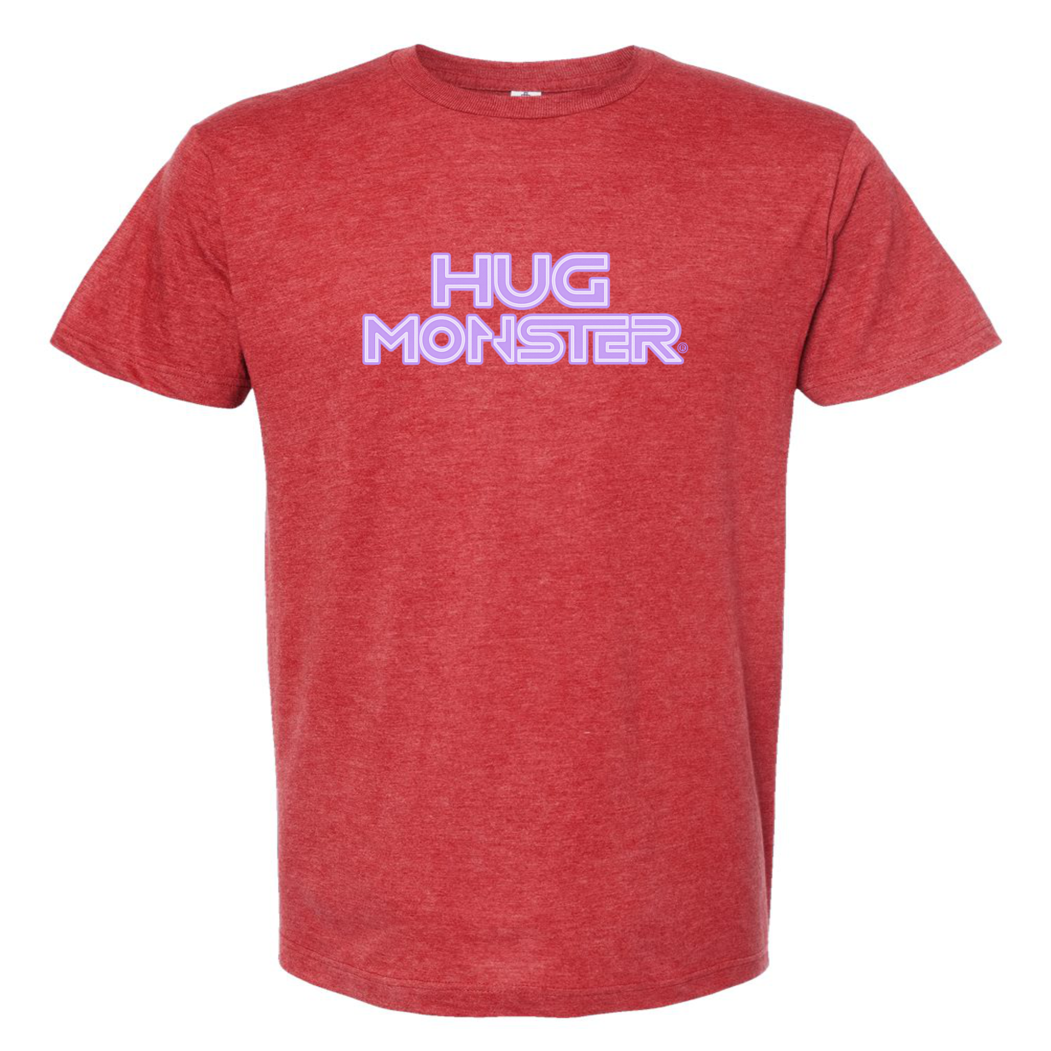 Hug Monster Electric Grid (Chalk Violet Logo) - Positive Message Graphic Tee in Heather Scarlet Red – Front View