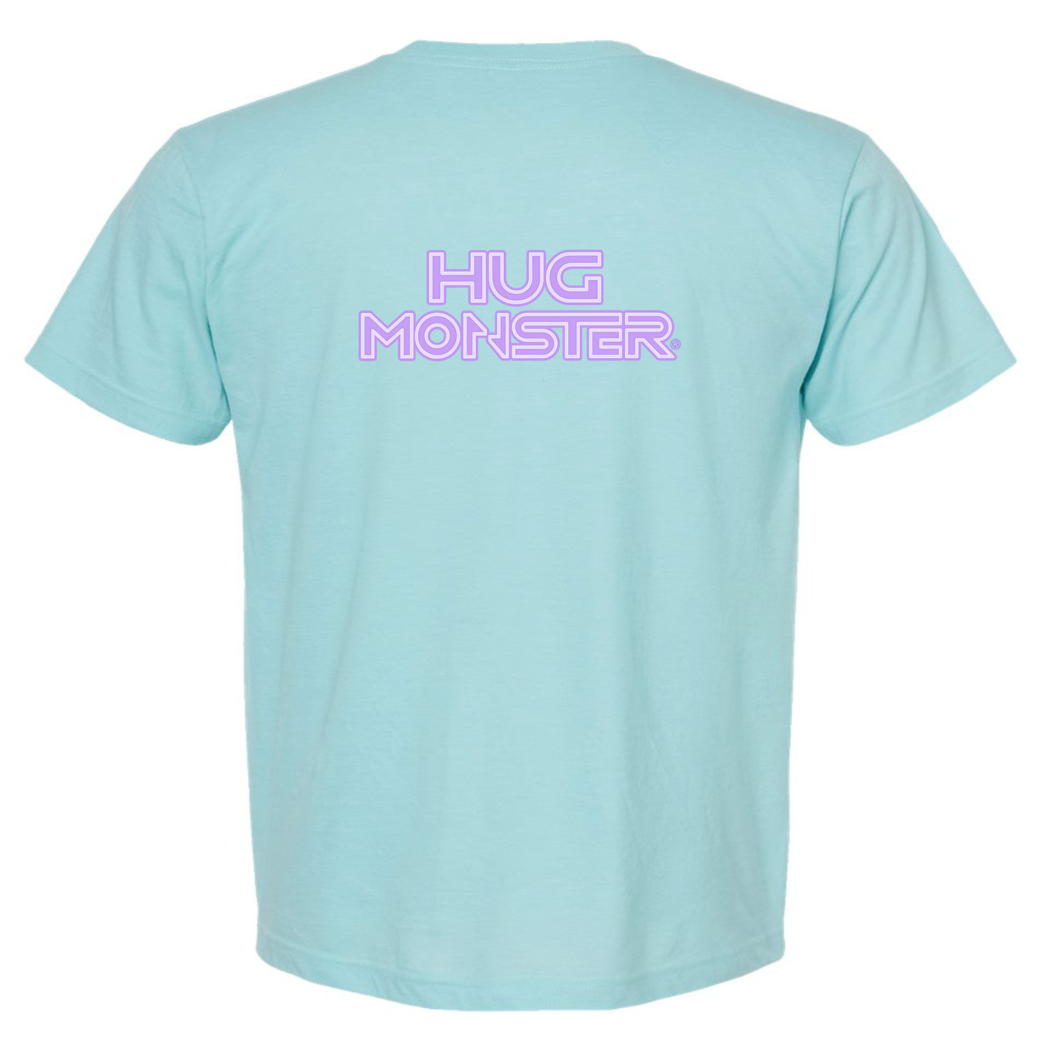 Hug Monster Electric Grid (Chalk Violet Logo) - Positive Message Graphic Tee in Heather Turquoise – Back View