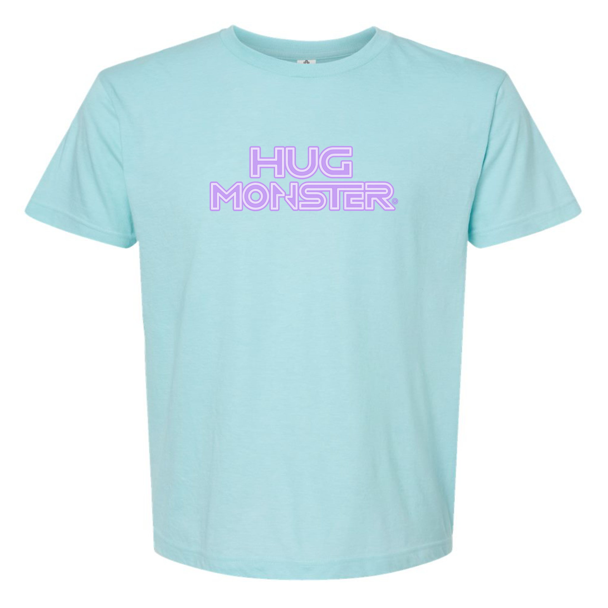 Hug Monster Electric Grid (Chalk Violet Logo) - Positive Message Graphic Tee in Heather Turquoise – Front View
