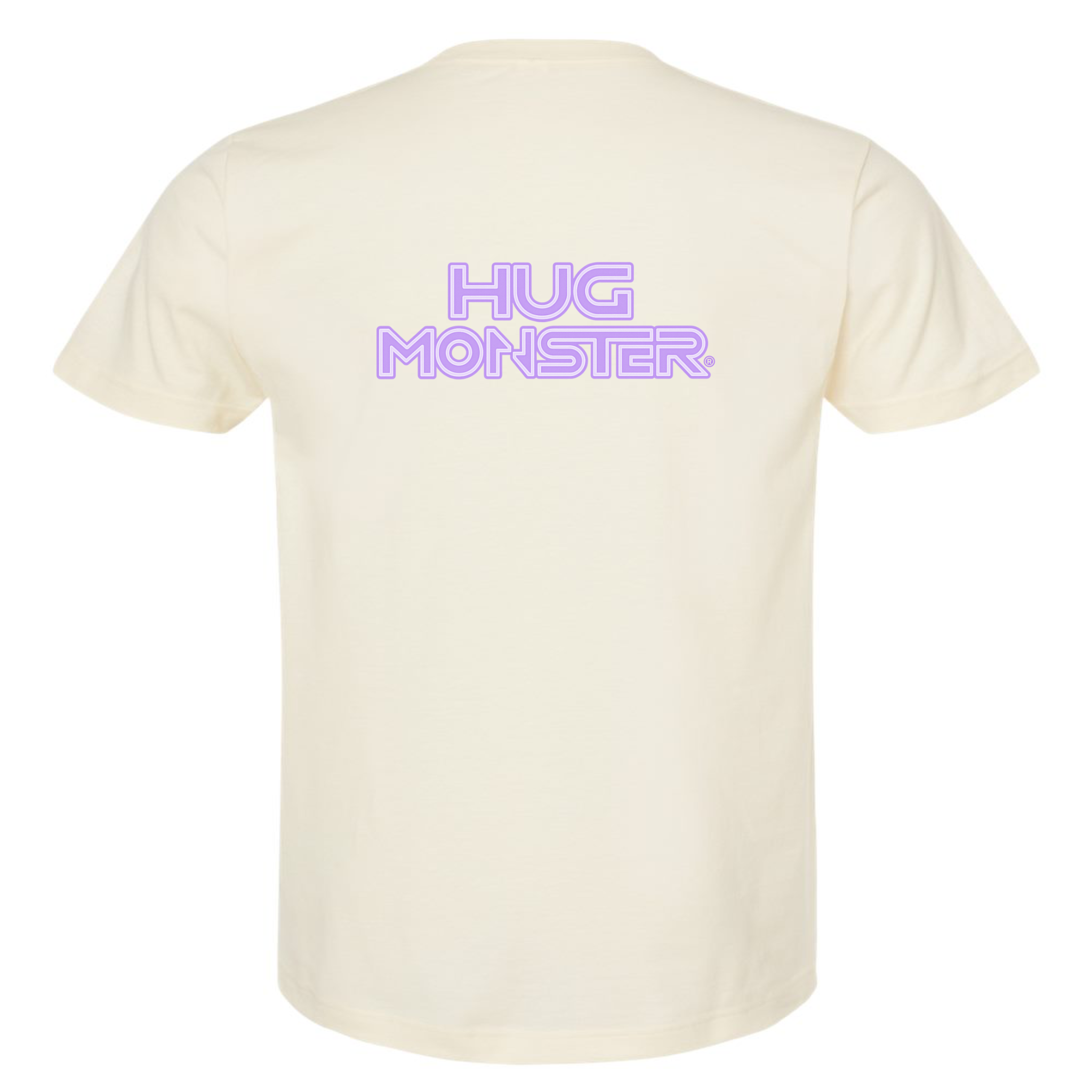 Hug Monster Electric Grid (Chalk Violet Logo) - Positive Message Graphic Tee in Natural – Back View