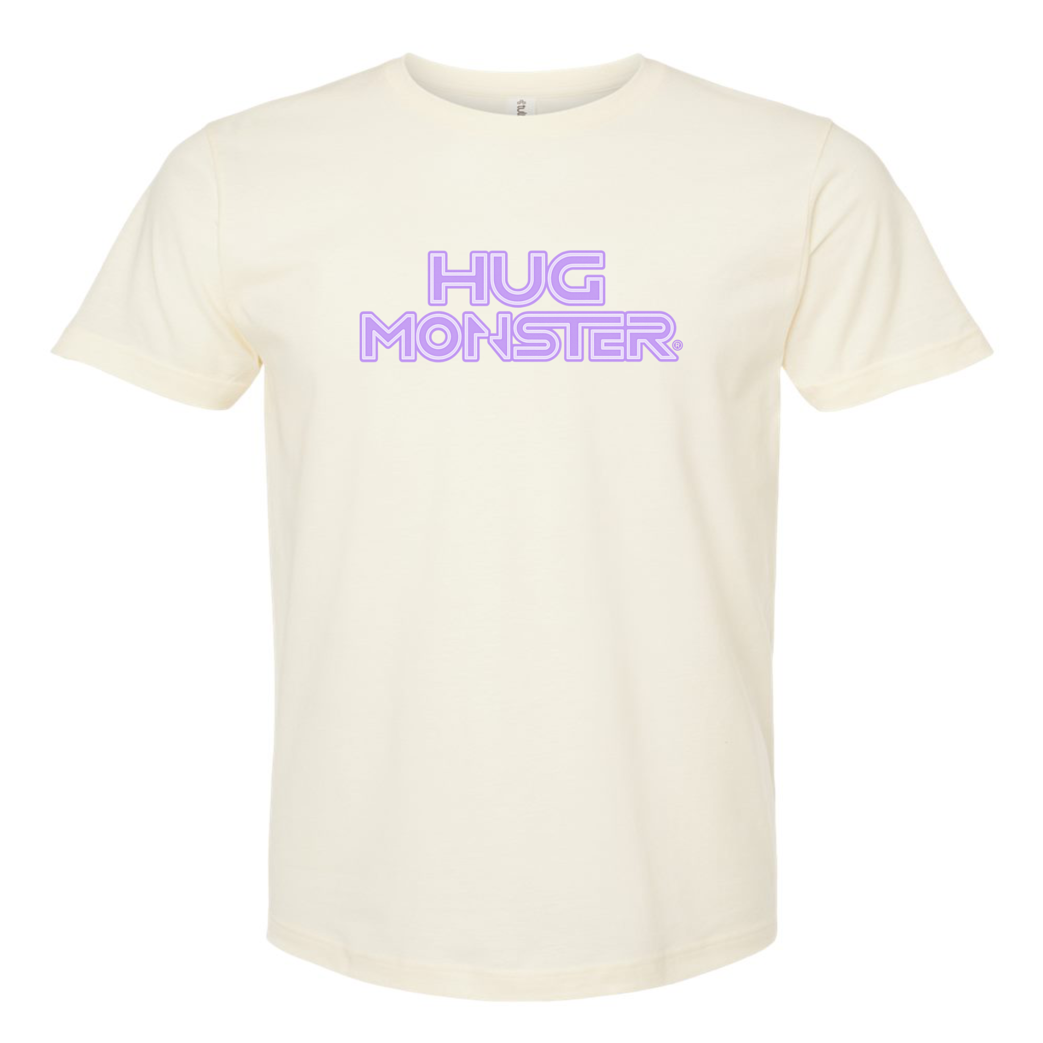 Hug Monster Electric Grid (Chalk Violet Logo) - Positive Message Graphic Tee in Natural – Front View
