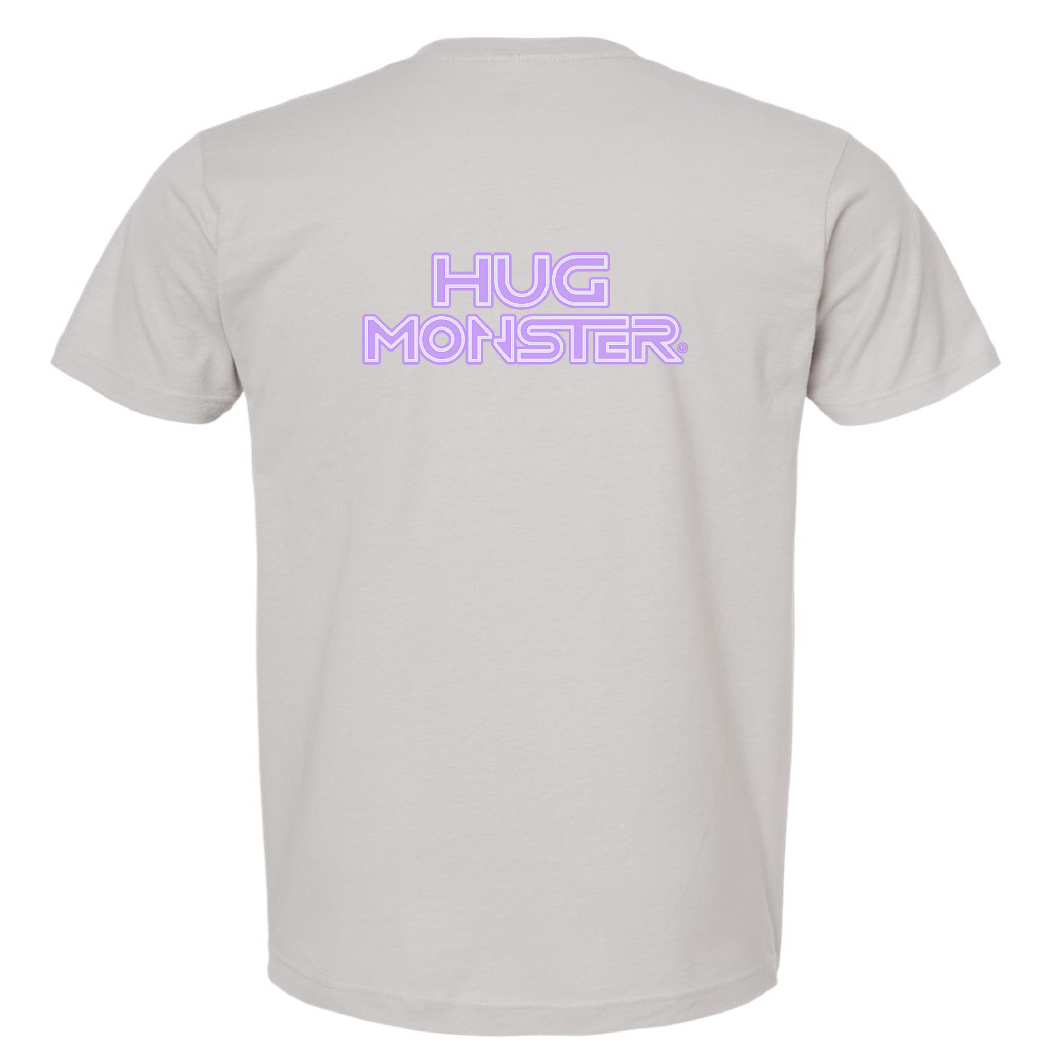 Hug Monster Electric Grid (Chalk Violet Logo) - Positive Message Graphic Tee in Silver – Back View