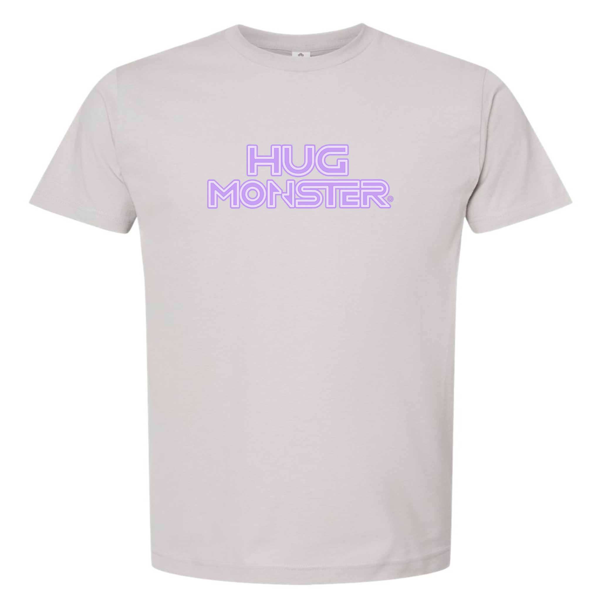Hug Monster Electric Grid (Chalk Violet Logo) - Positive Message Graphic Tee in Silver – Front View
