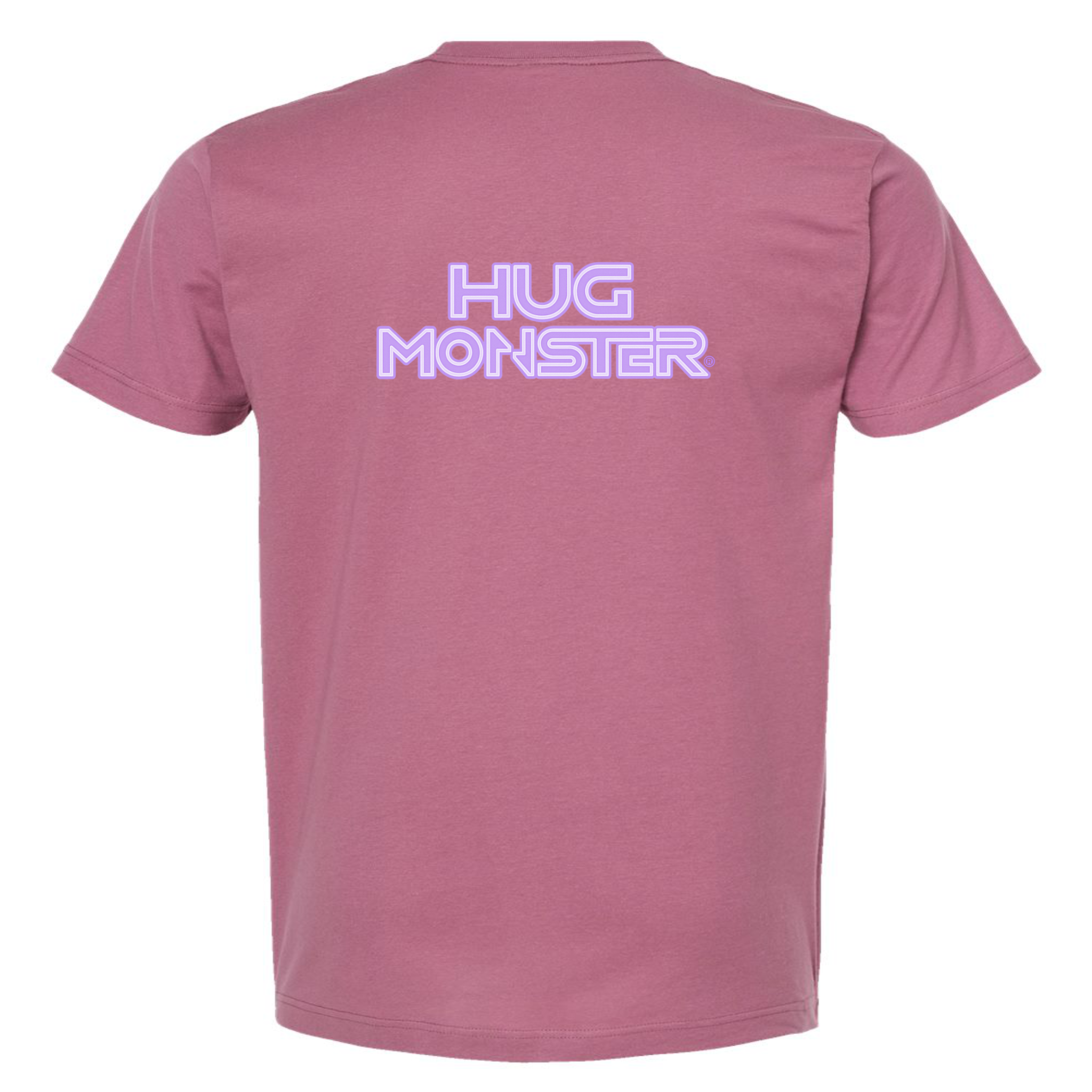 Hug Monster Electric Grid (Chalk Violet Logo) - Positive Message Graphic Tee in Soft Dusty Rose Pink – Back View