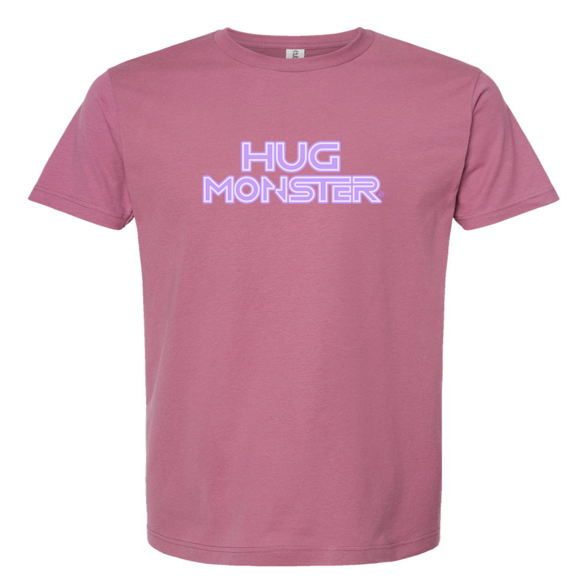 Hug Monster Electric Grid (Chalk Violet Logo) - Positive Message Graphic Tee in Soft Dusty Rose Pink – Front View