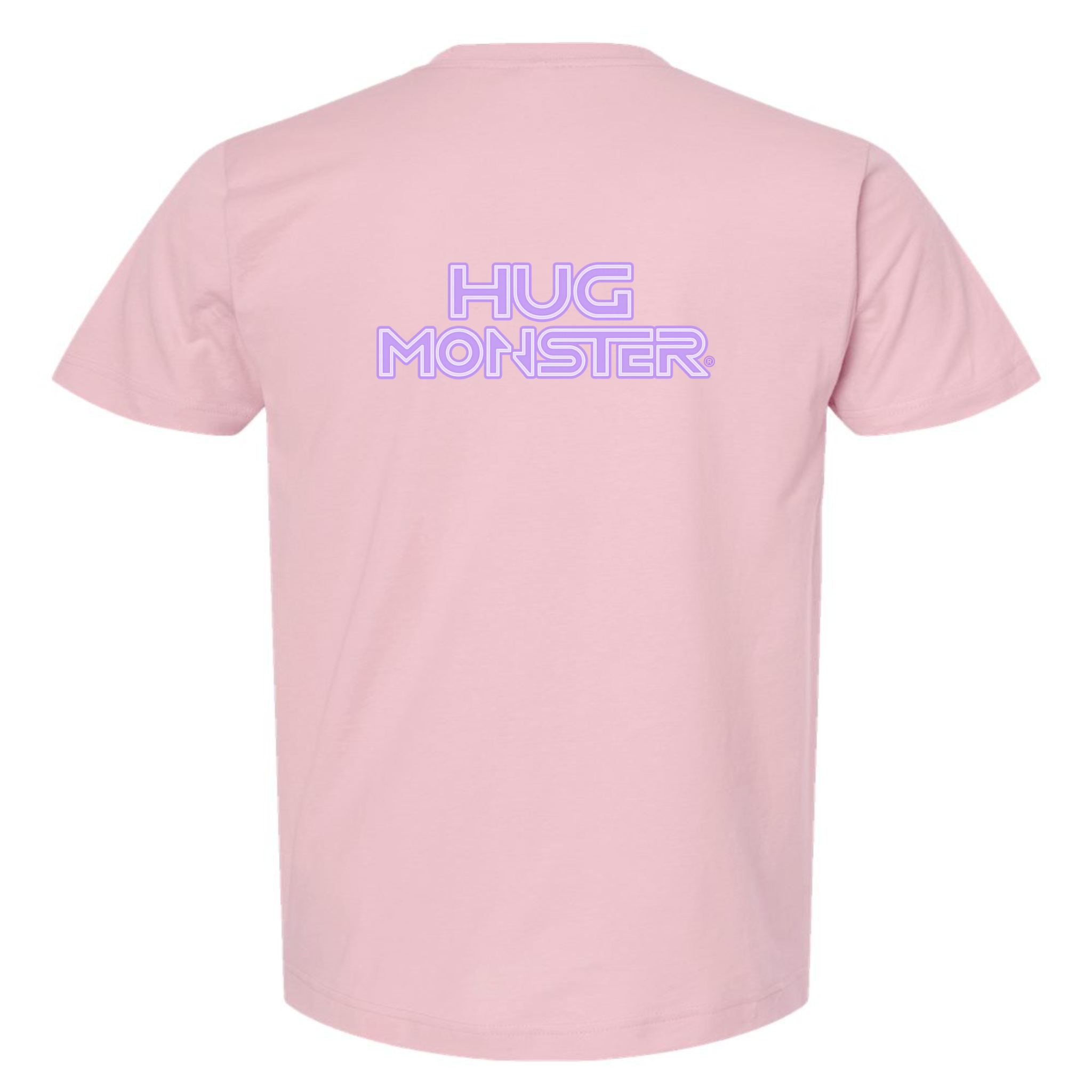 Hug Monster Electric Grid (Chalk Violet Logo) - Positive Message Graphic Tee in Soft Pink – Back View