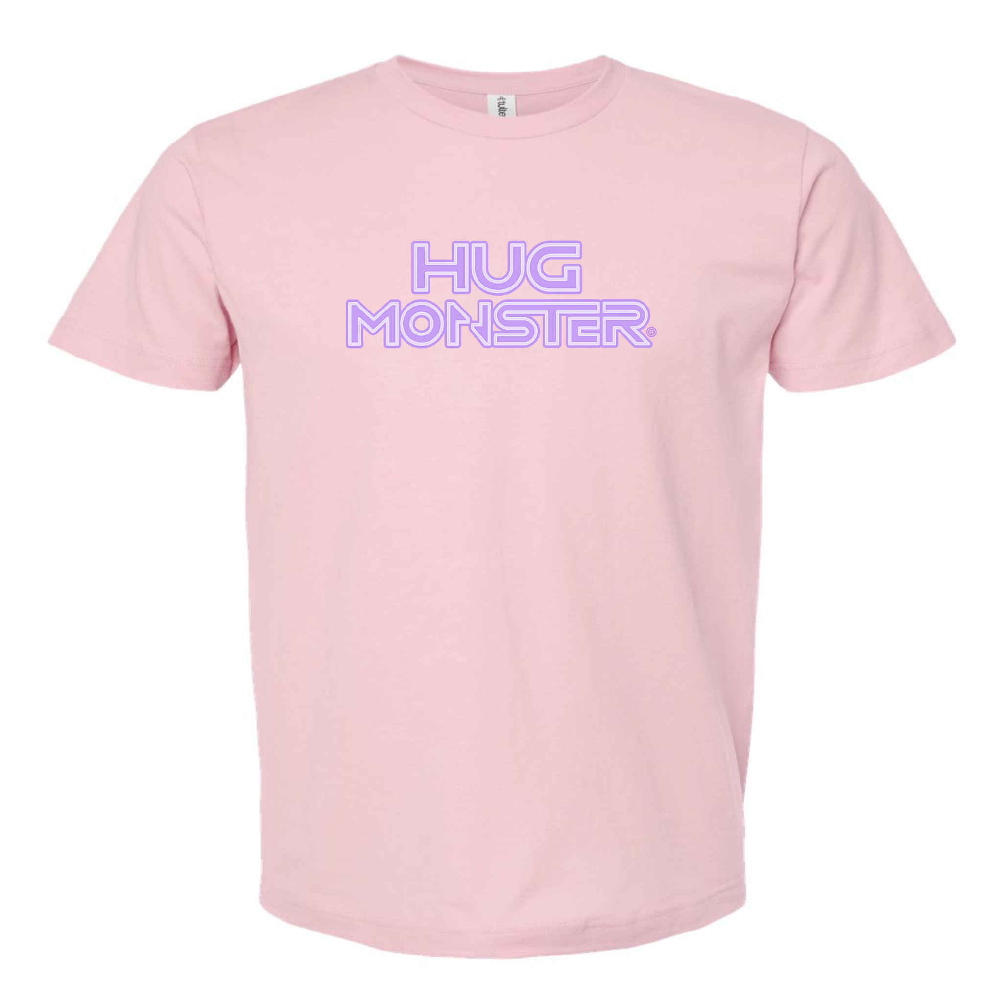 Hug Monster Electric Grid (Chalk Violet Logo) - Positive Message Graphic Tee in Soft Pink – Front View