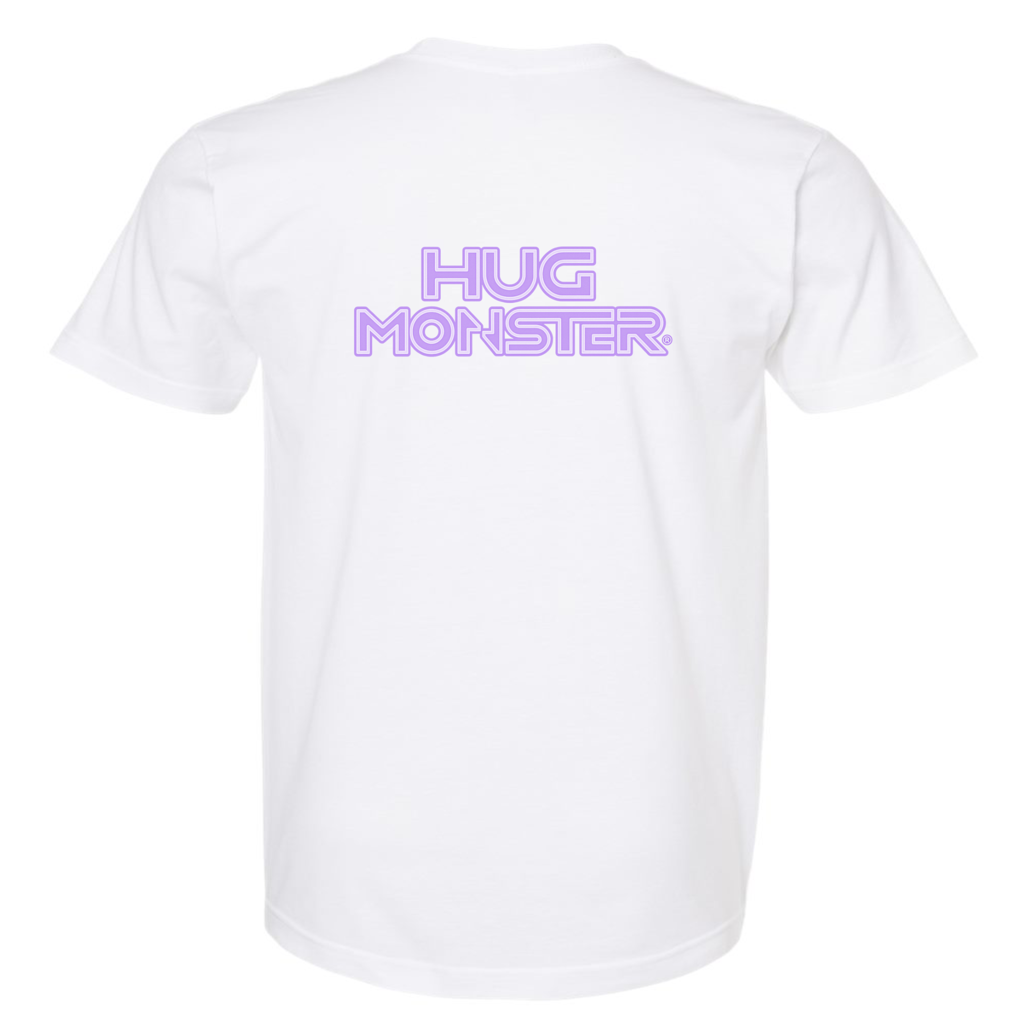 Hug Monster Electric Grid (Chalk Violet Logo) - Positive Message Graphic Tee in White – Back View