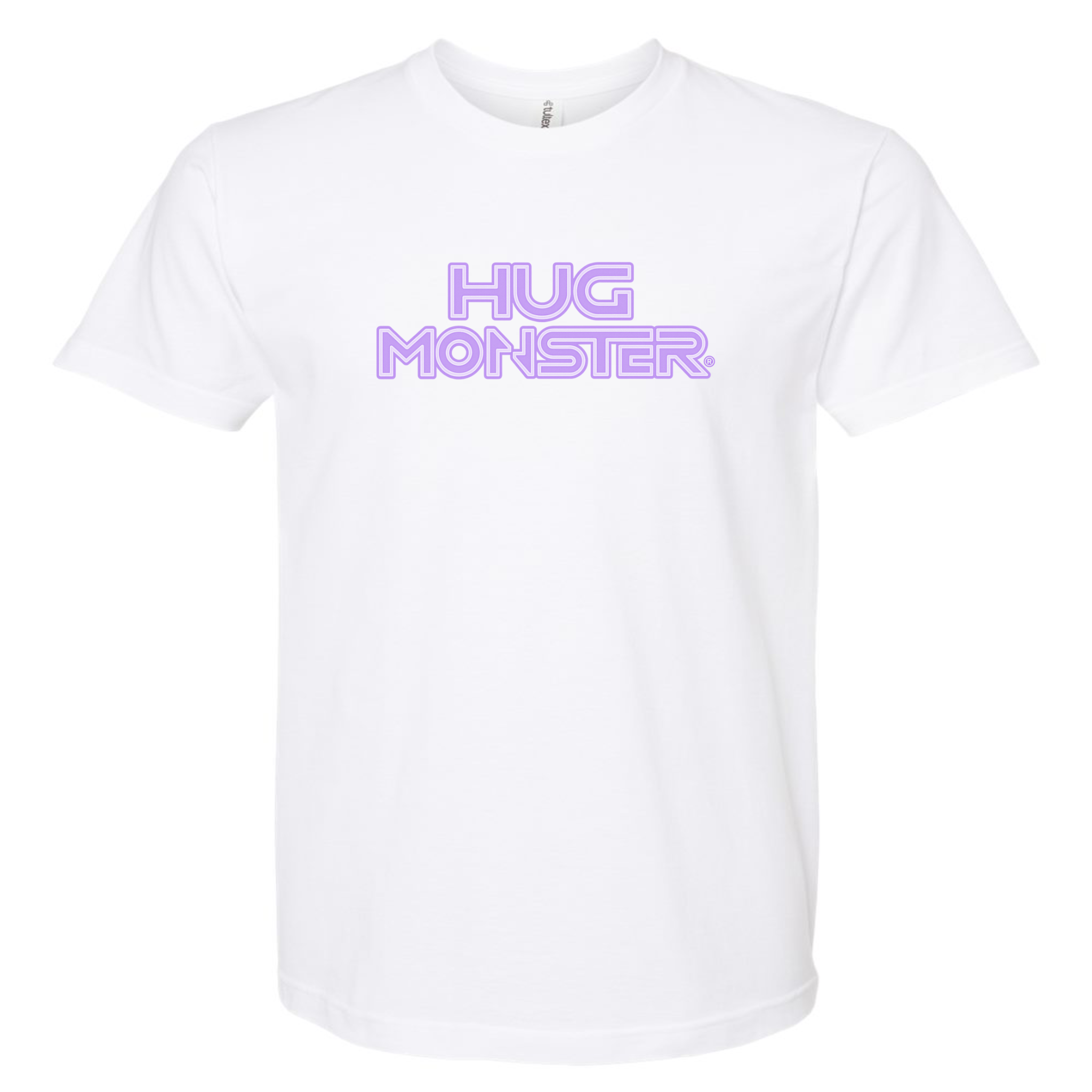 Hug Monster Electric Grid (Chalk Violet Logo) - Positive Message Graphic Tee in White – Front View