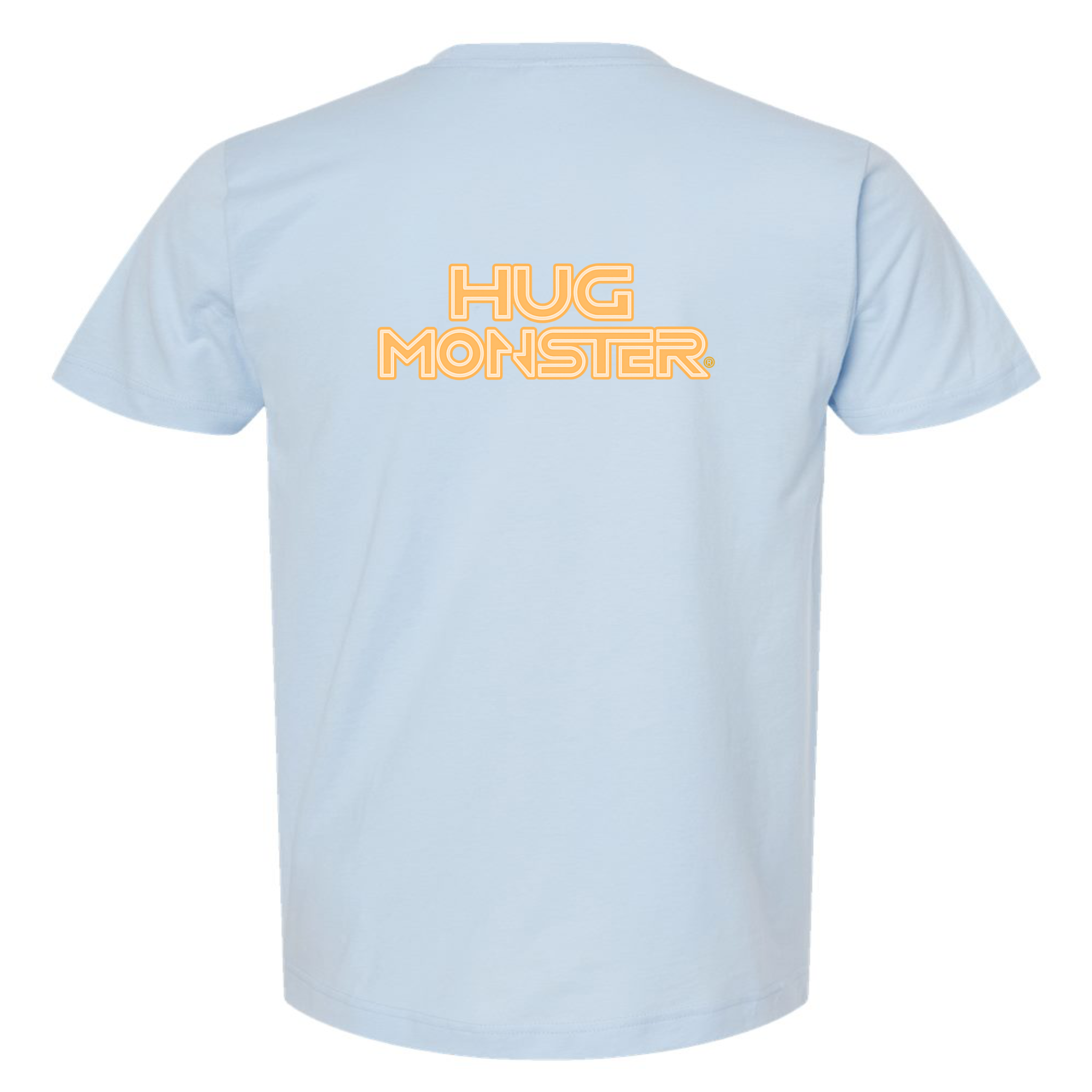 Hug Monster Electric Grid (Yellow Logo) - Positive Message Graphic Tee in Baby Blue – Back View