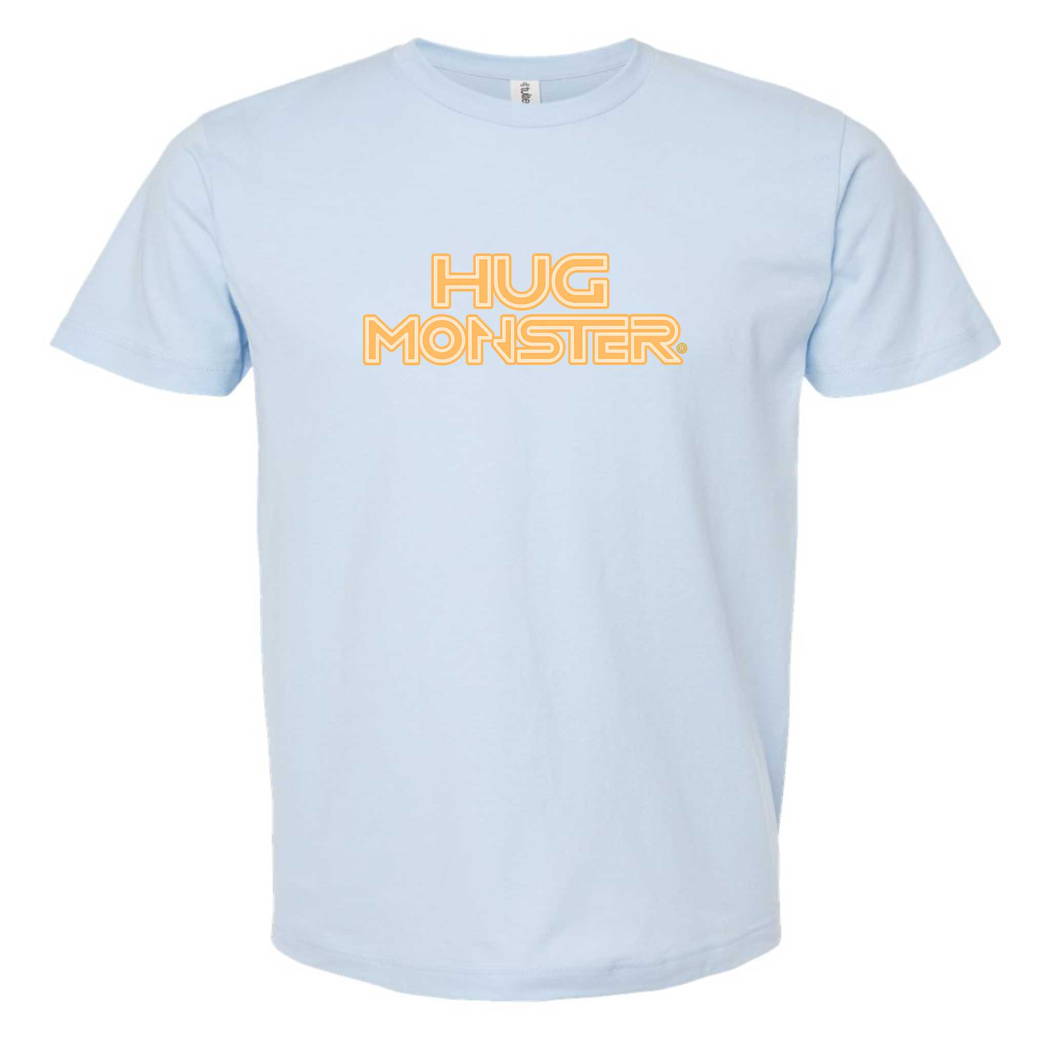Hug Monster Electric Grid (Yellow Logo) - Positive Message Graphic Tee in Baby Blue – Front View