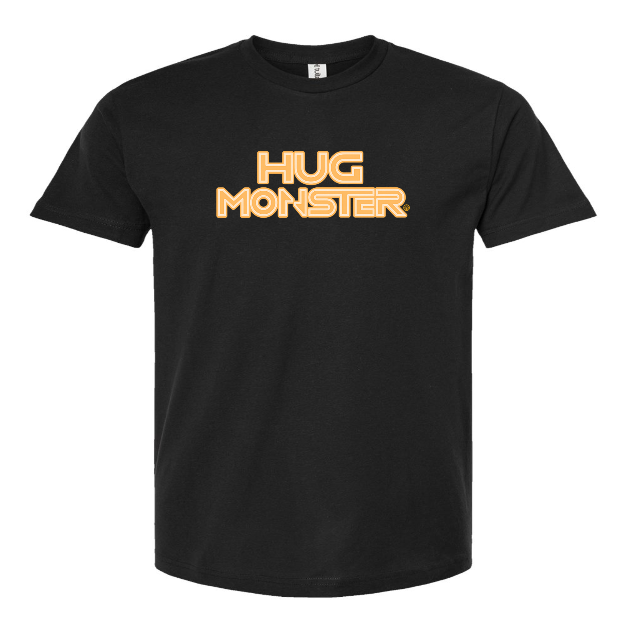 Hug Monster Electric Grid (Chalk Violet Logo) - Positive Message Graphic Tee in Black – Front View