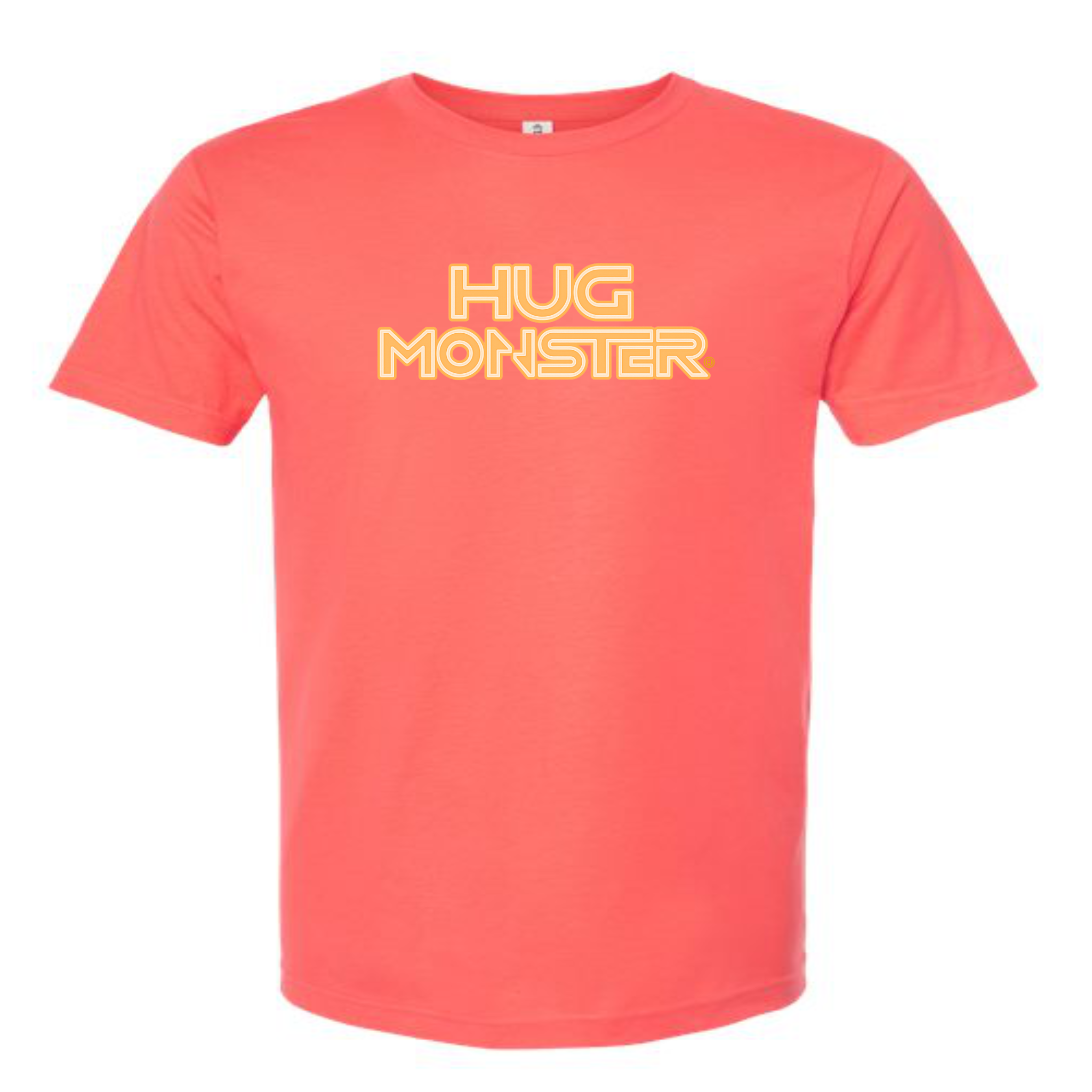 Hug Monster Electric Grid (Yellow Logo) - Positive Message Graphic Tee in Bright Coral – Front View