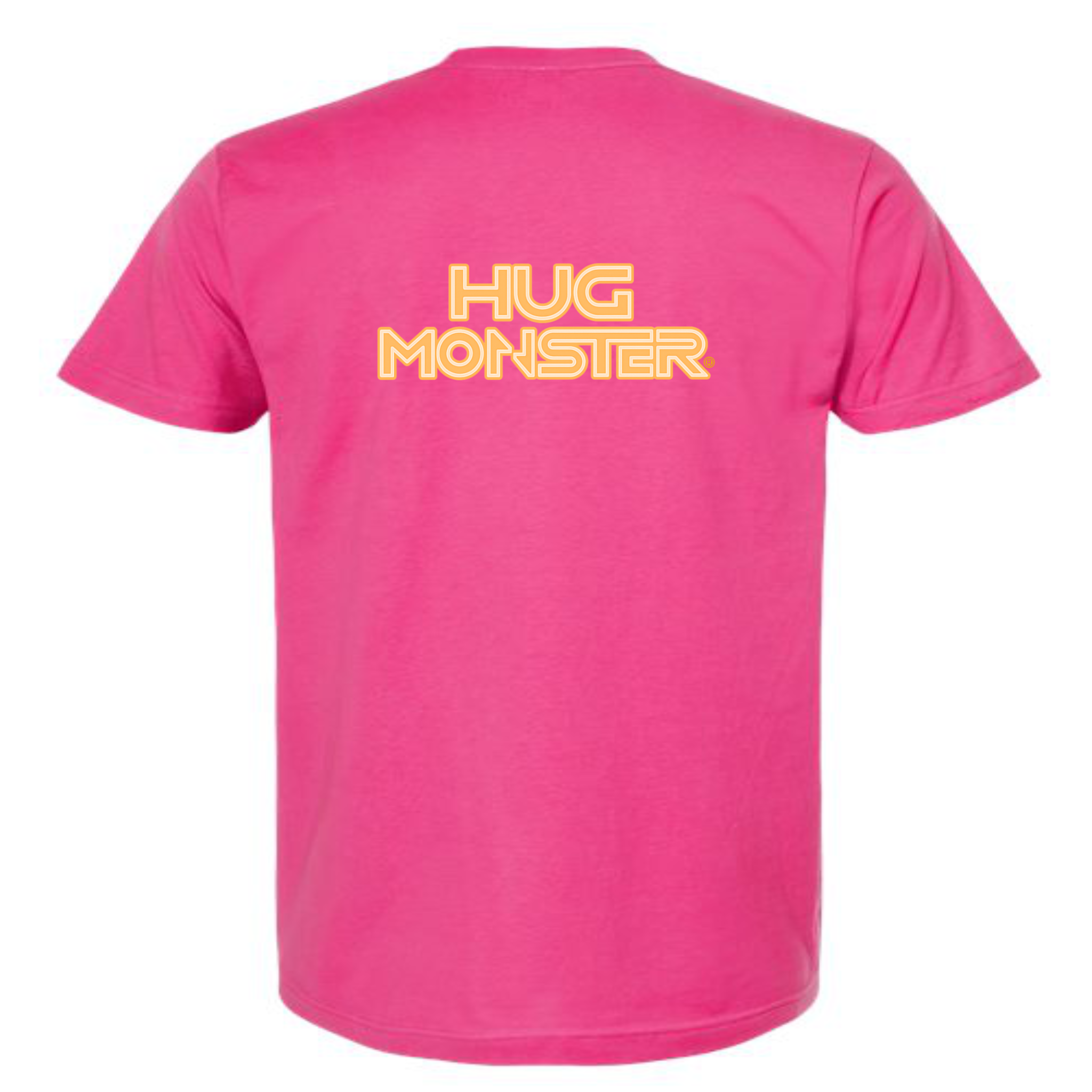Hug Monster Electric Grid (Yellow Logo) - Positive Message Graphic Tee in Bright Fuscia – Back View