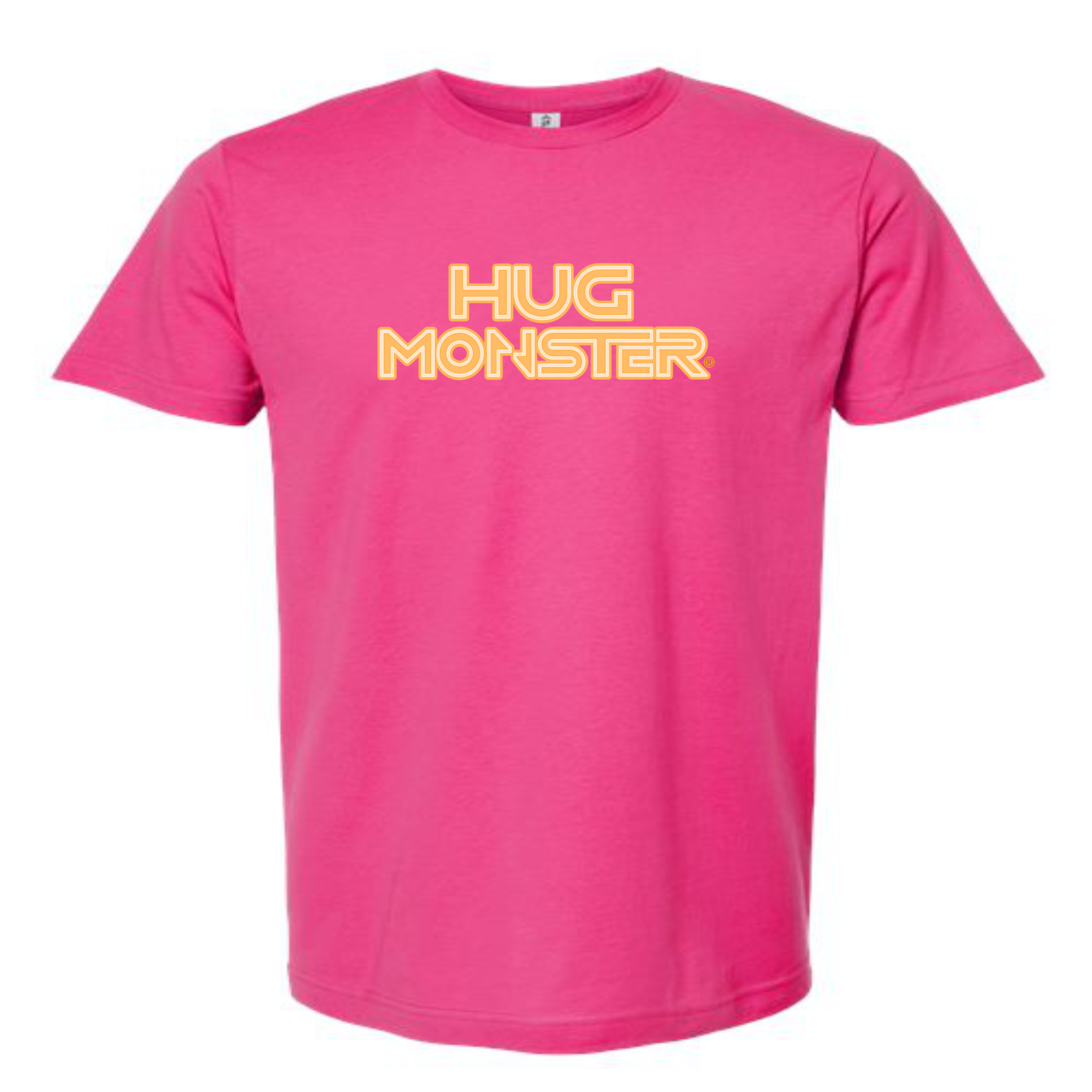 Hug Monster Electric Grid (Yellow Logo) - Positive Message Graphic Tee in Bright Fuscia – Front View