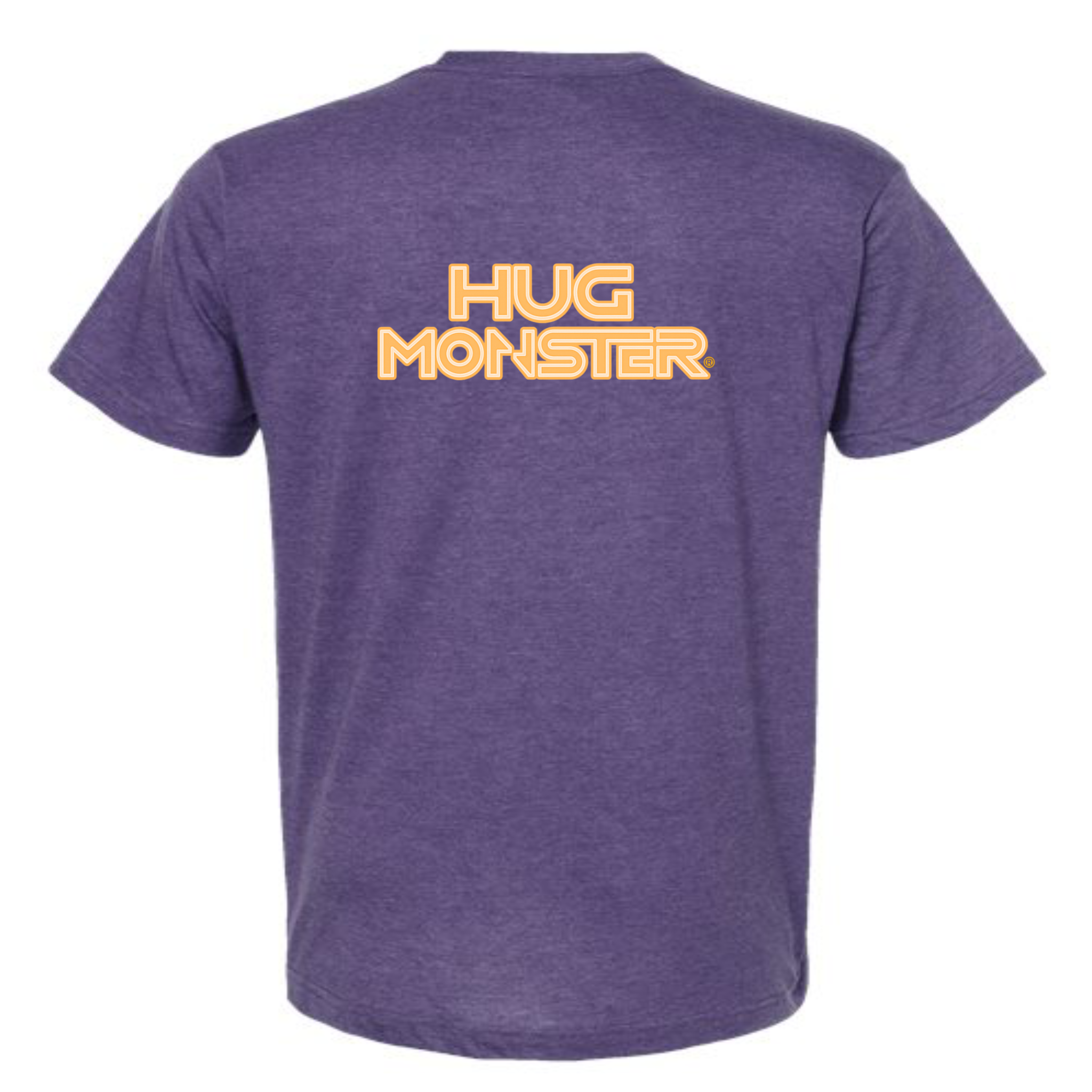Hug Monster Electric Grid (Yellow Logo) - Positive Message Graphic Tee in Heather Purple – Back View