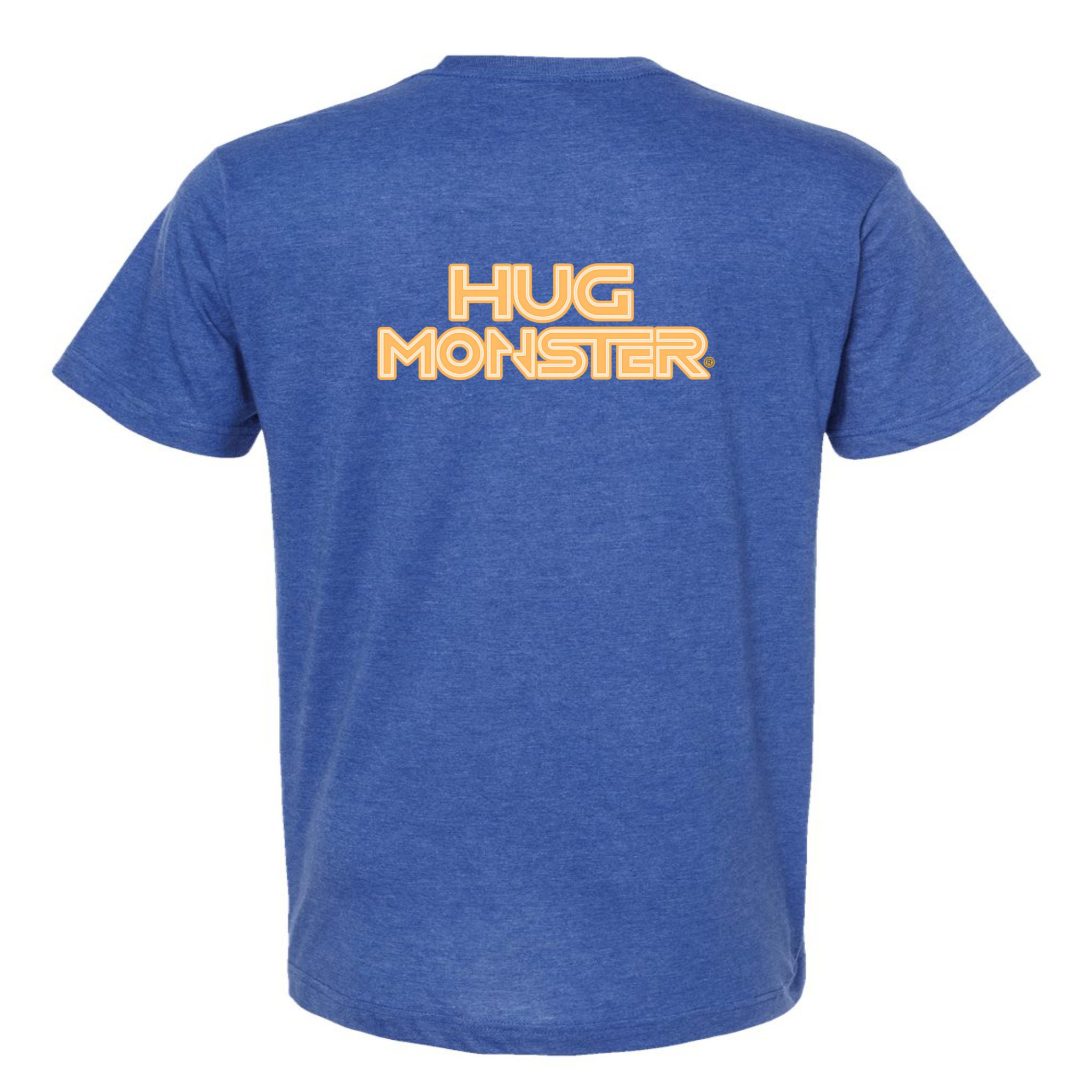 Hug Monster Electric Grid (Yellow Logo) - Positive Message Graphic Tee in Heather Royal Blue – Back View