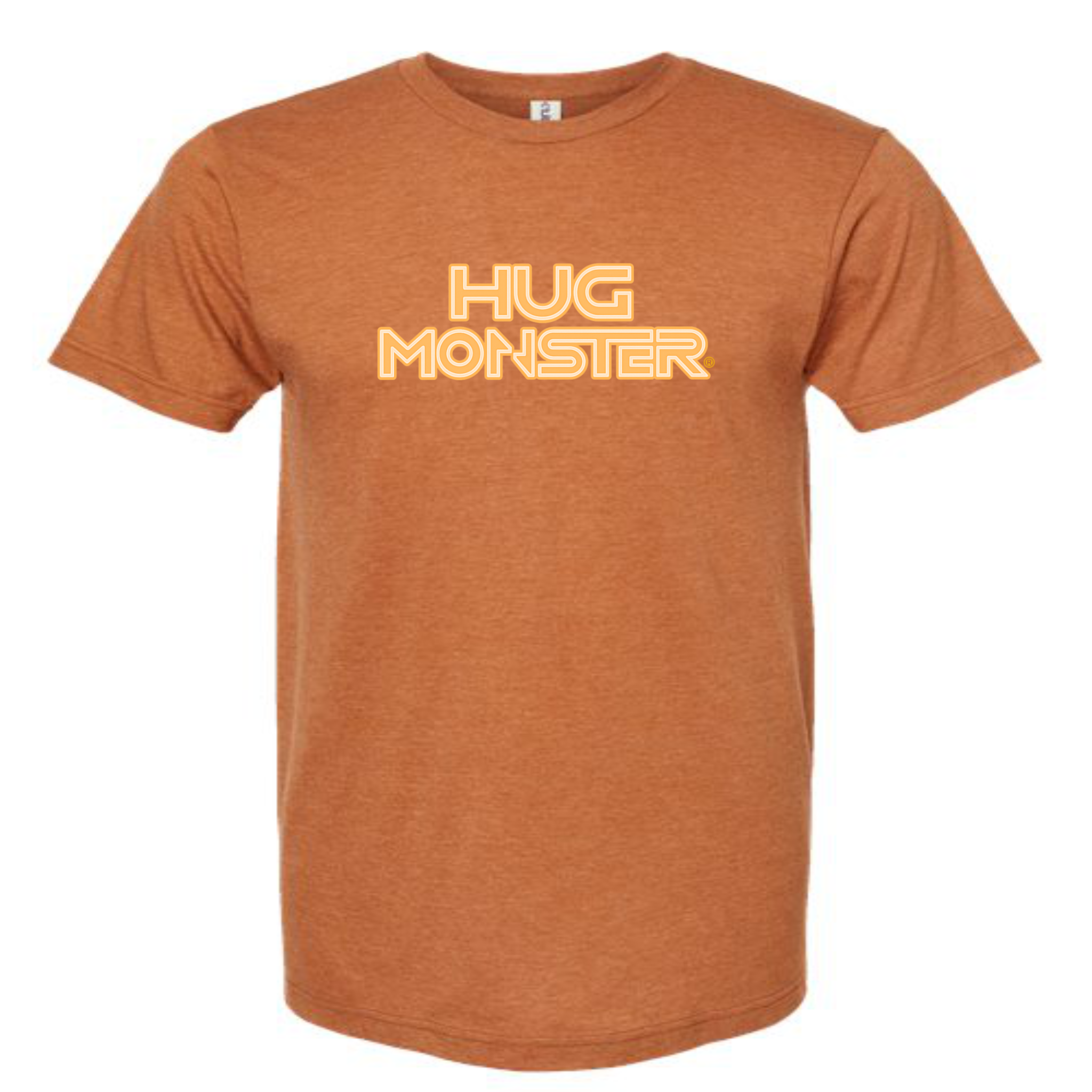 Hug Monster Electric Grid (Yellow Logo) - Positive Message Graphic Tee in Heather Rust – Front View