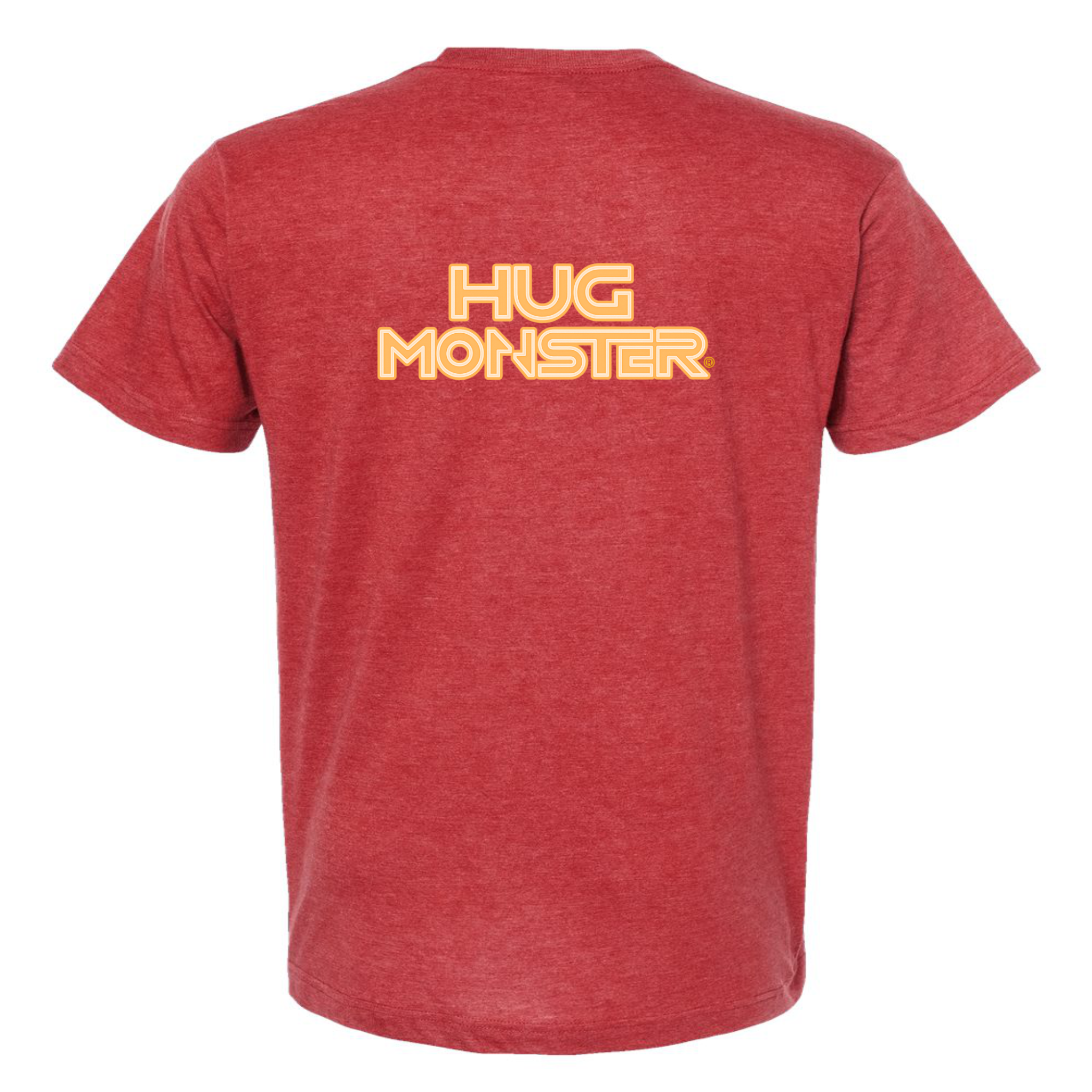 Hug Monster Electric Grid (Yellow Logo) - Positive Message Graphic Tee in Heather Scralet Red – Back View