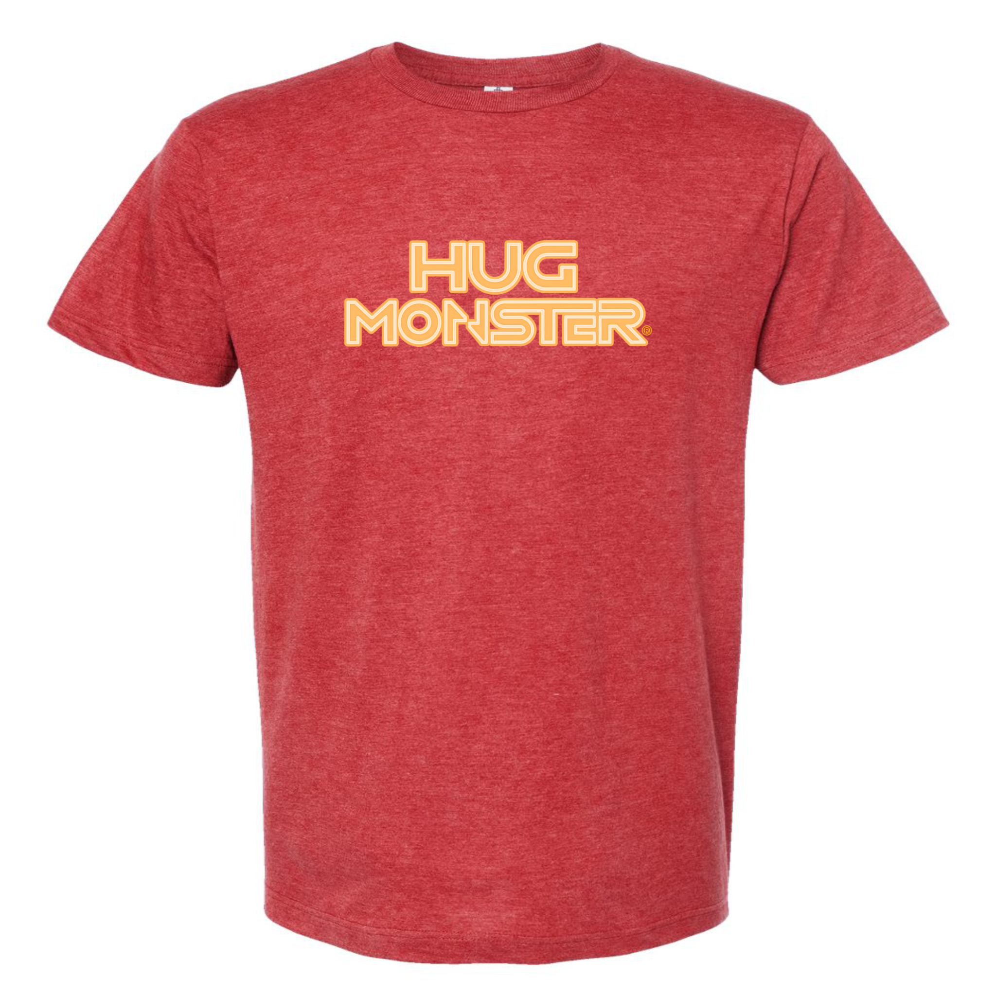 Hug Monster Electric Grid (Yellow Logo) - Positive Message Graphic Tee in Heather Scralet Red – Front View
