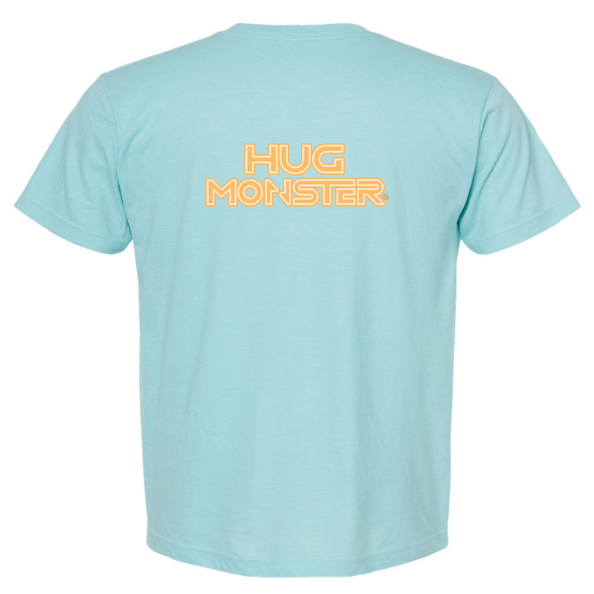 Hug Monster Electric Grid (Yellow Logo) - Positive Message Graphic Tee in Heather Turquoise – Back View