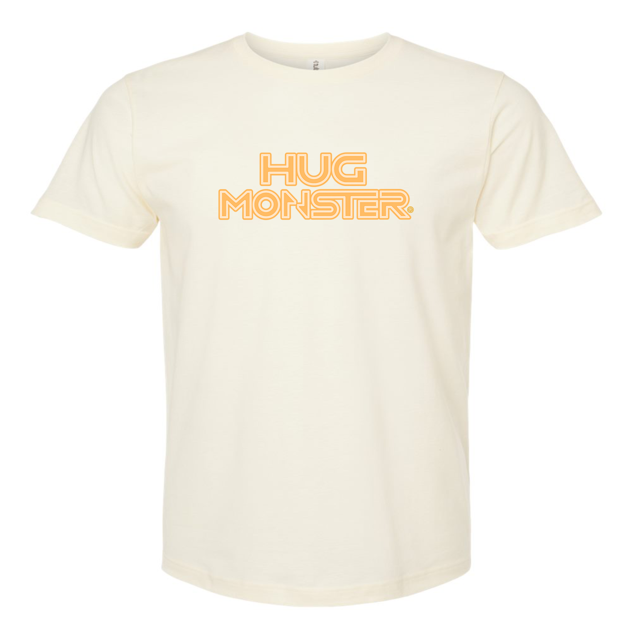 Hug Monster Electric Grid (Yellow Logo) - Positive Message Graphic Tee in Natural – Front View