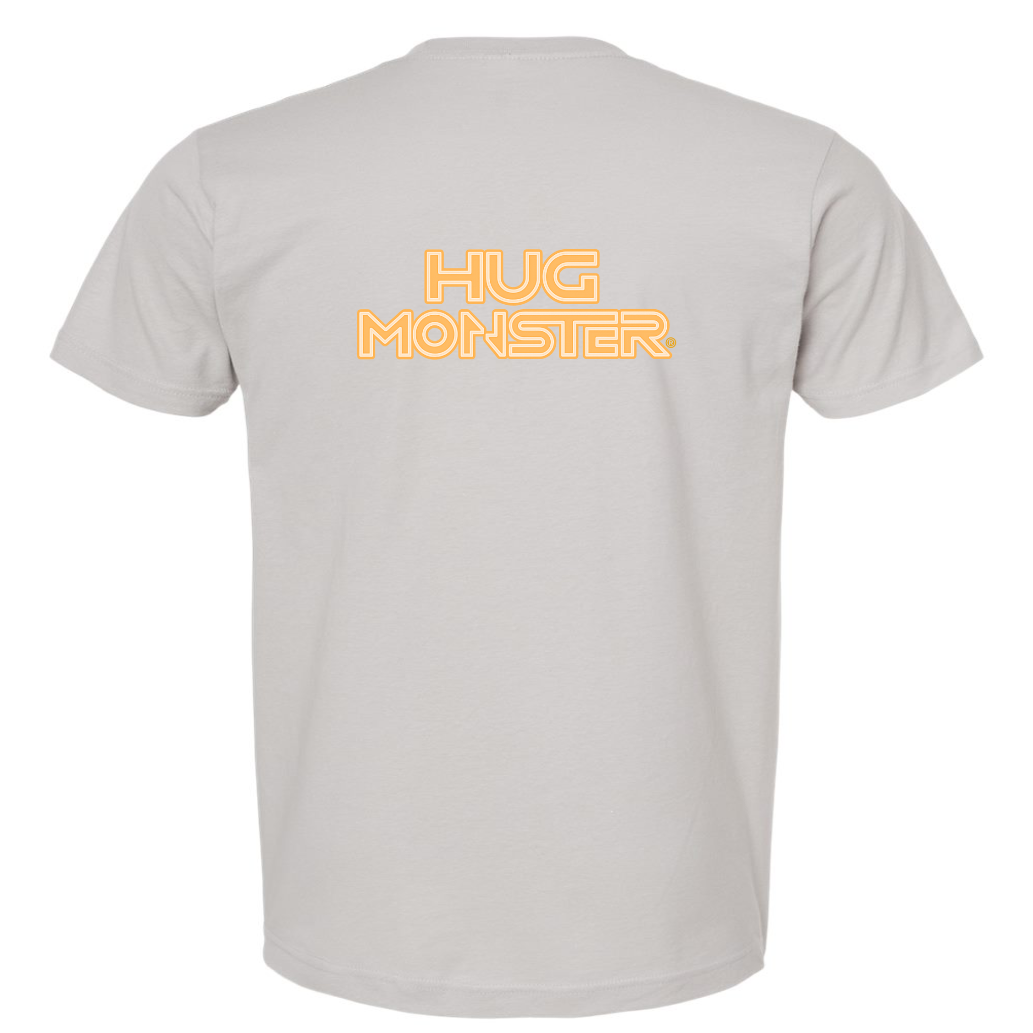 Hug Monster Electric Grid (Yellow Logo) - Positive Message Graphic Tee in Silver – Back View