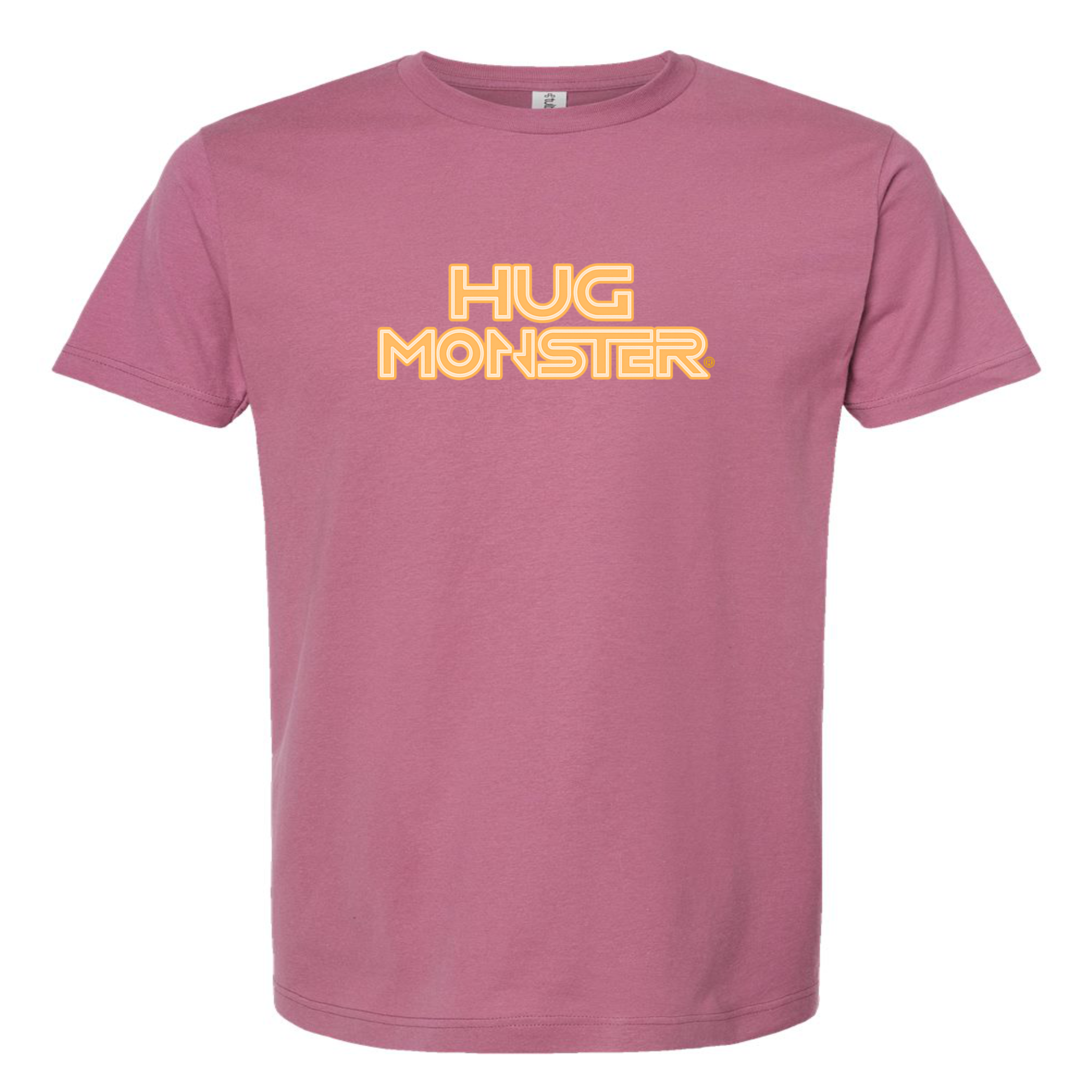 Hug Monster Electric Grid (Yellow Logo) - Positive Message Graphic Tee in Soft Dusty Rose Pink – Front View