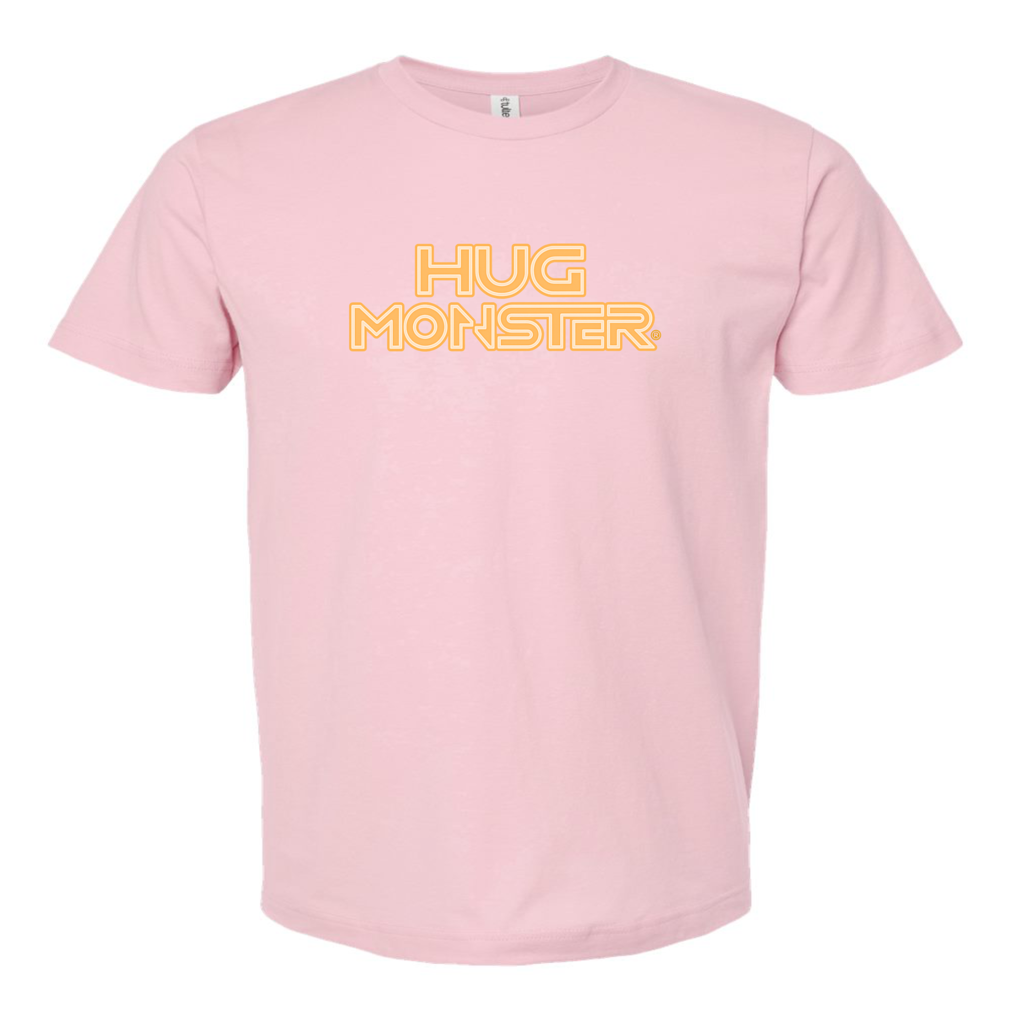 Hug Monster Electric Grid (Yellow Logo) - Positive Message Graphic Tee in Soft Pink – Front View