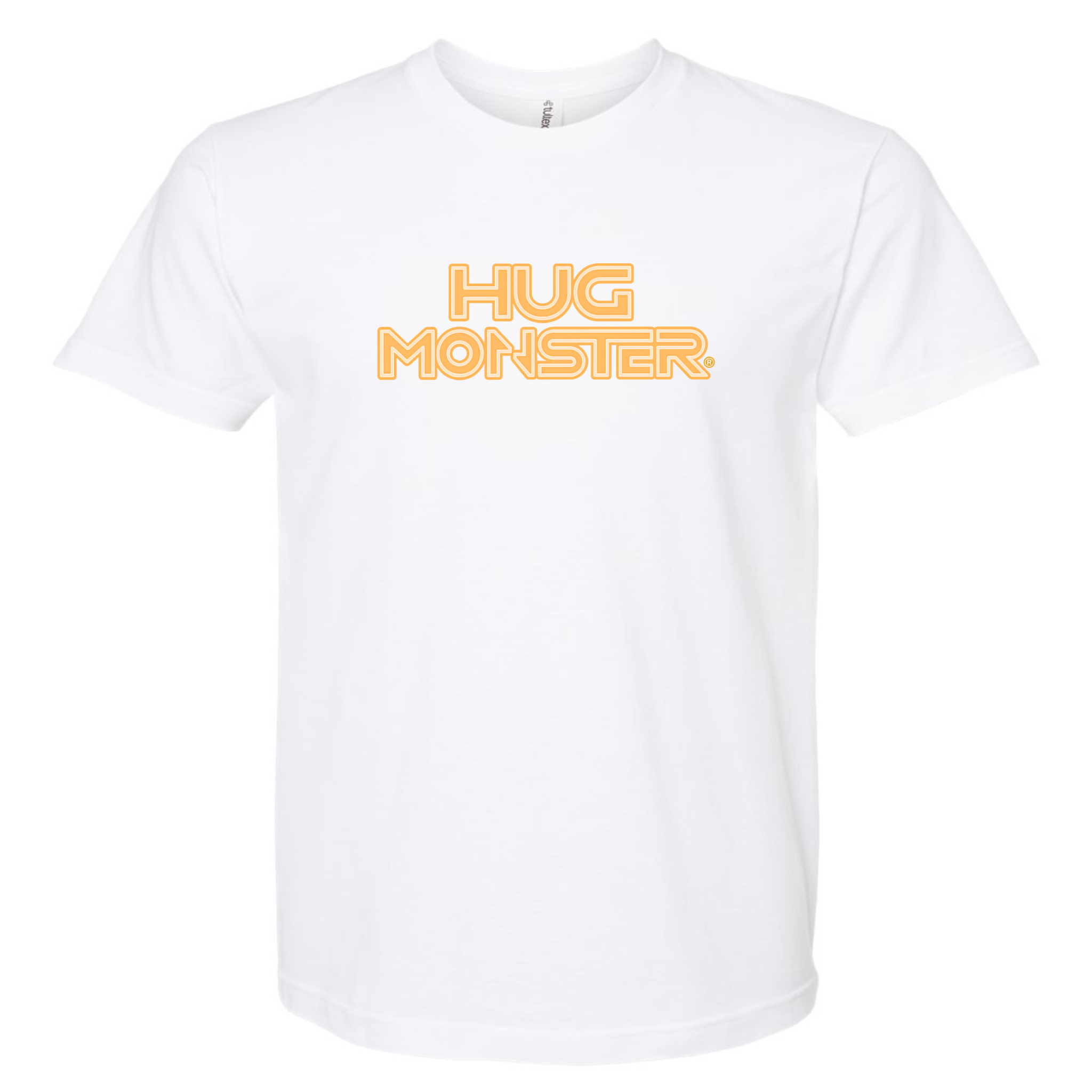 Hug Monster Electric Grid (Yellow Logo) - Positive Message Graphic Tee in White – Front View