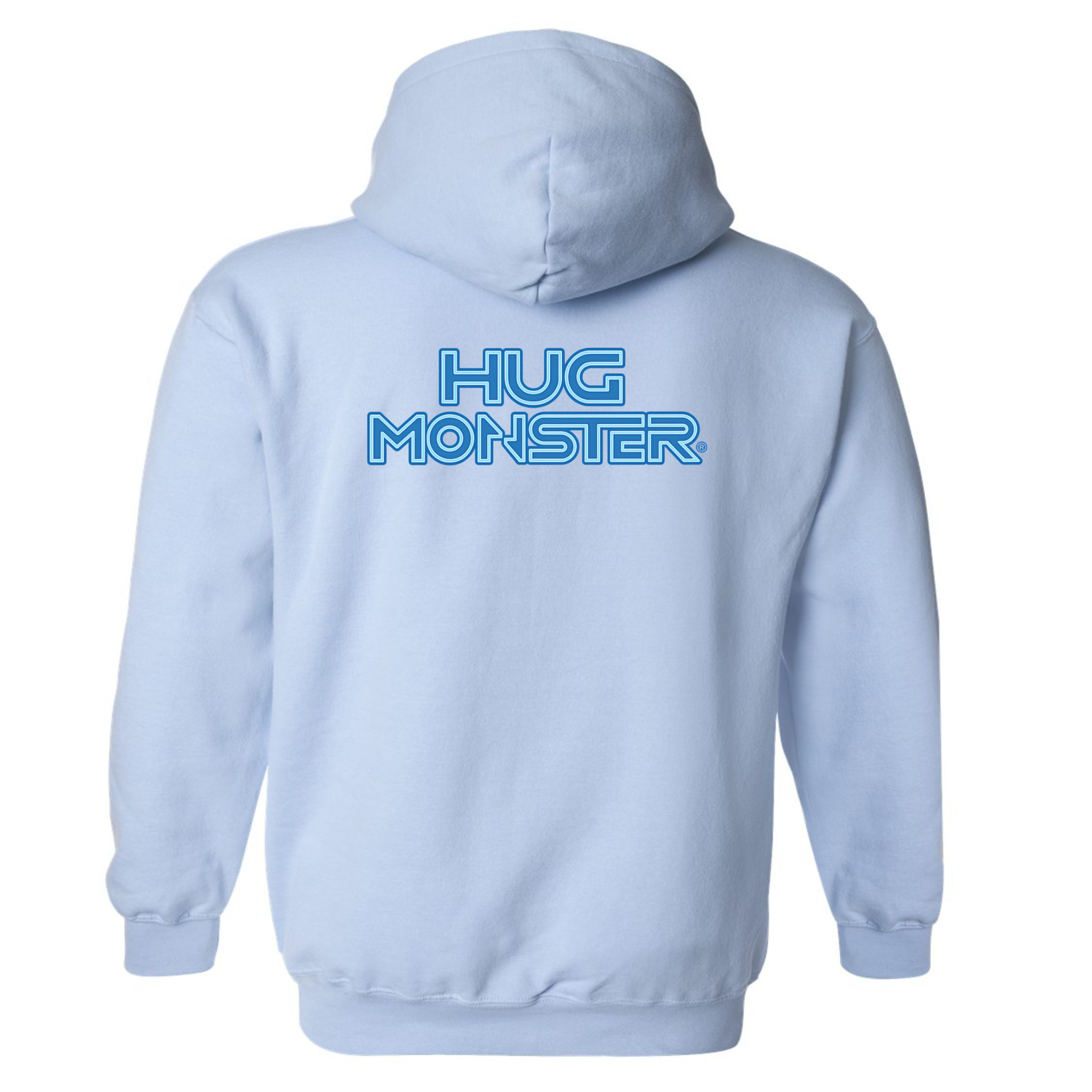 Hug Monster Electric Grid (Blue Logo) graphic hoodie in Baby Blue cozy fleece positive message sweatshirt