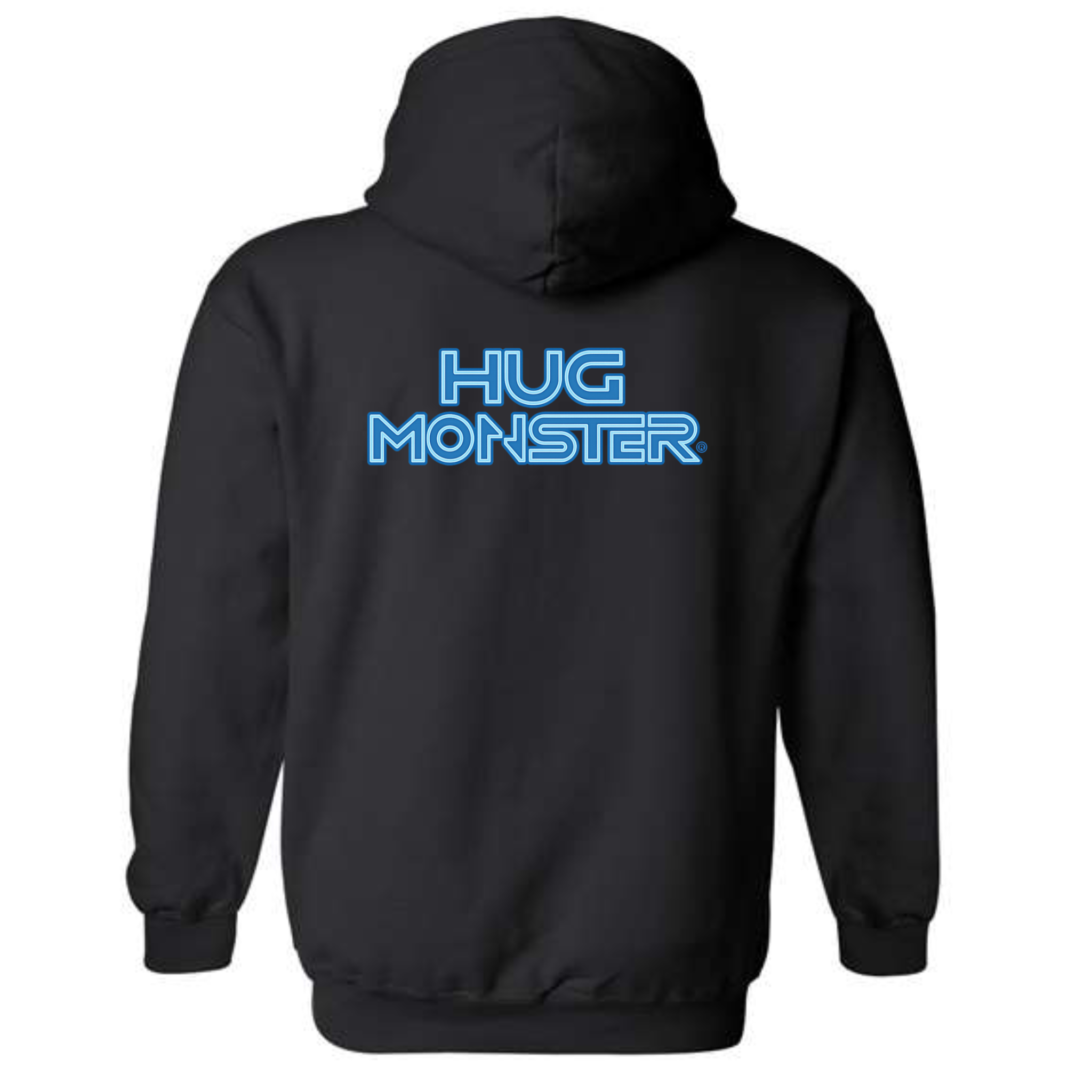 Hug Monster Electric Grid (Blue Logo) graphic hoodie in Black cozy fleece positive message sweatshirt