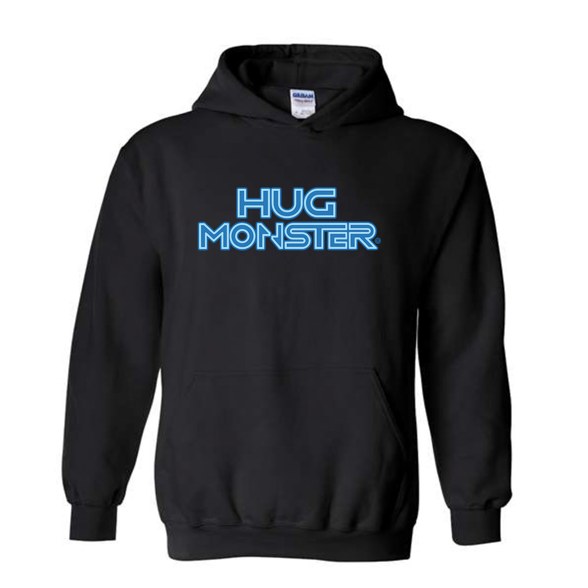 Hug Monster Electric Grid (Blue Logo) graphic hoodie in Black cozy fleece positive message sweatshirt