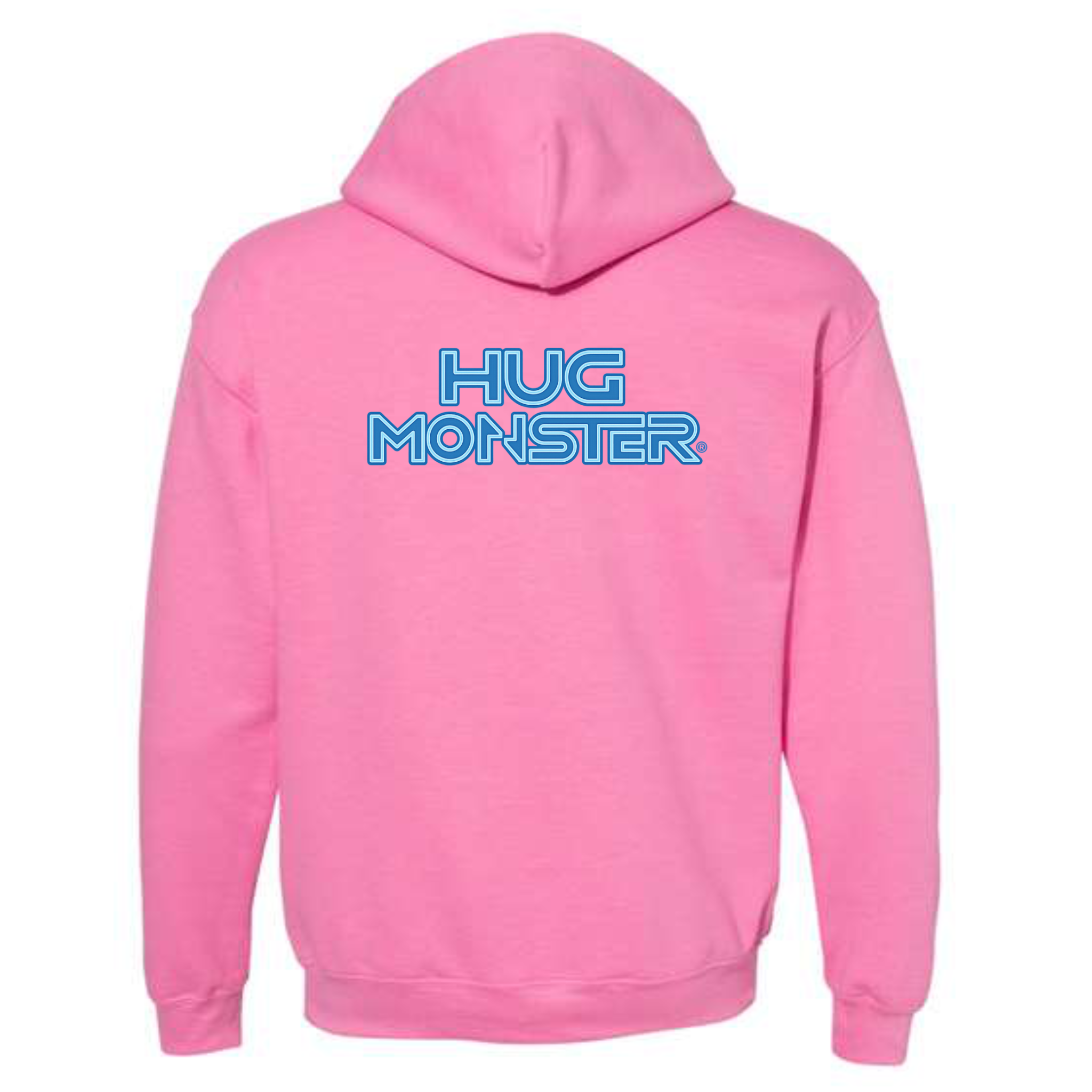 Hug Monster Electric Grid (Blue Logo) graphic hoodie in Bright Soft Rose Pink cozy fleece positive message sweatshirt