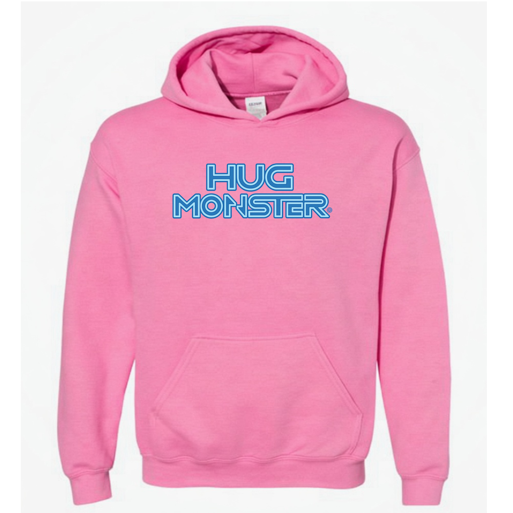 Hug Monster Electric Grid (Blue Logo) graphic hoodie in Bright Soft Rose Pink cozy fleece positive message sweatshirt