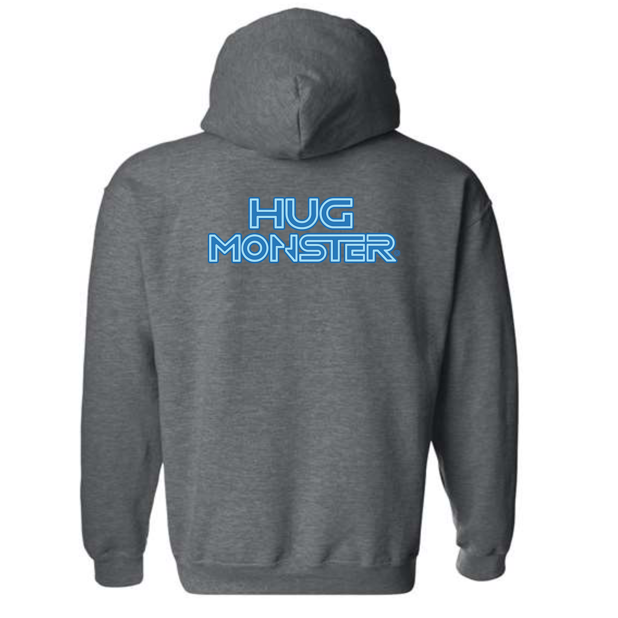 Hug Monster Electric Grid (Blue Logo) graphic hoodie in Dark Heather Grey cozy fleece positive message sweatshirt