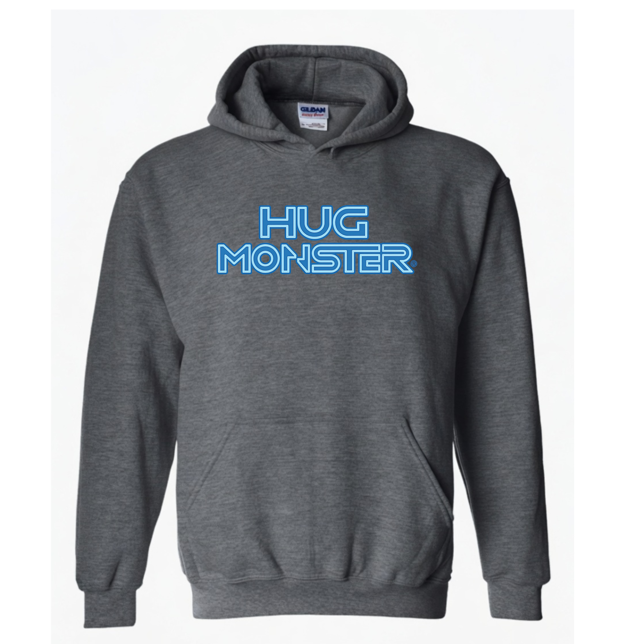 Hug Monster Electric Grid (Blue Logo) graphic hoodie in Dark Heather Grey cozy fleece positive message sweatshirt