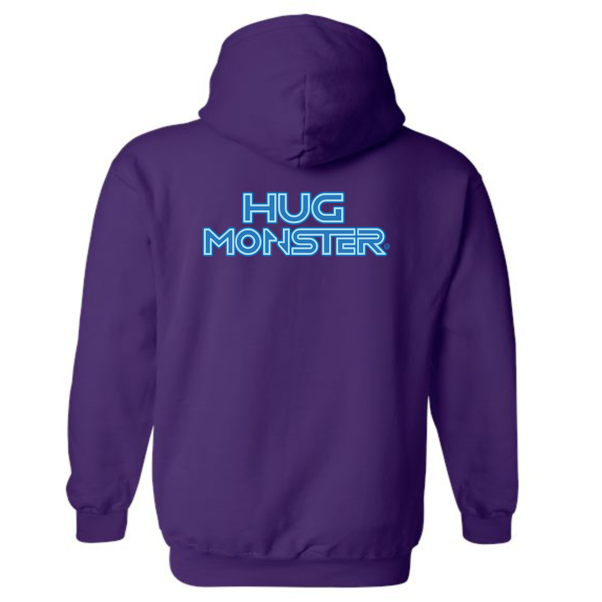Hug Monster Electric Grid (Blue Logo) graphic hoodie in Purple cozy fleece positive message sweatshirt