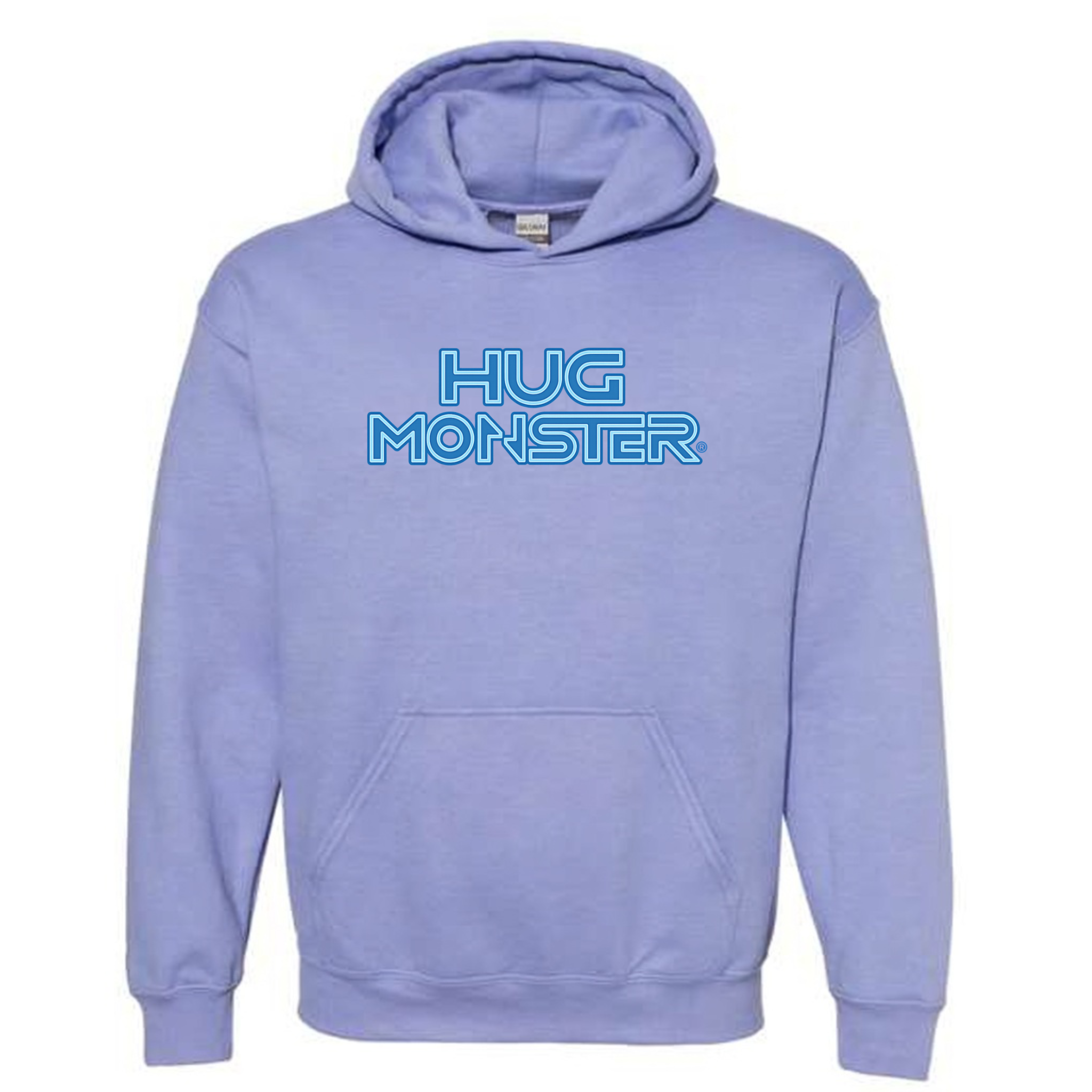 Hug Monster Electric Grid (Blue Logo) graphic hoodie in Violet cozy fleece positive message sweatshirt