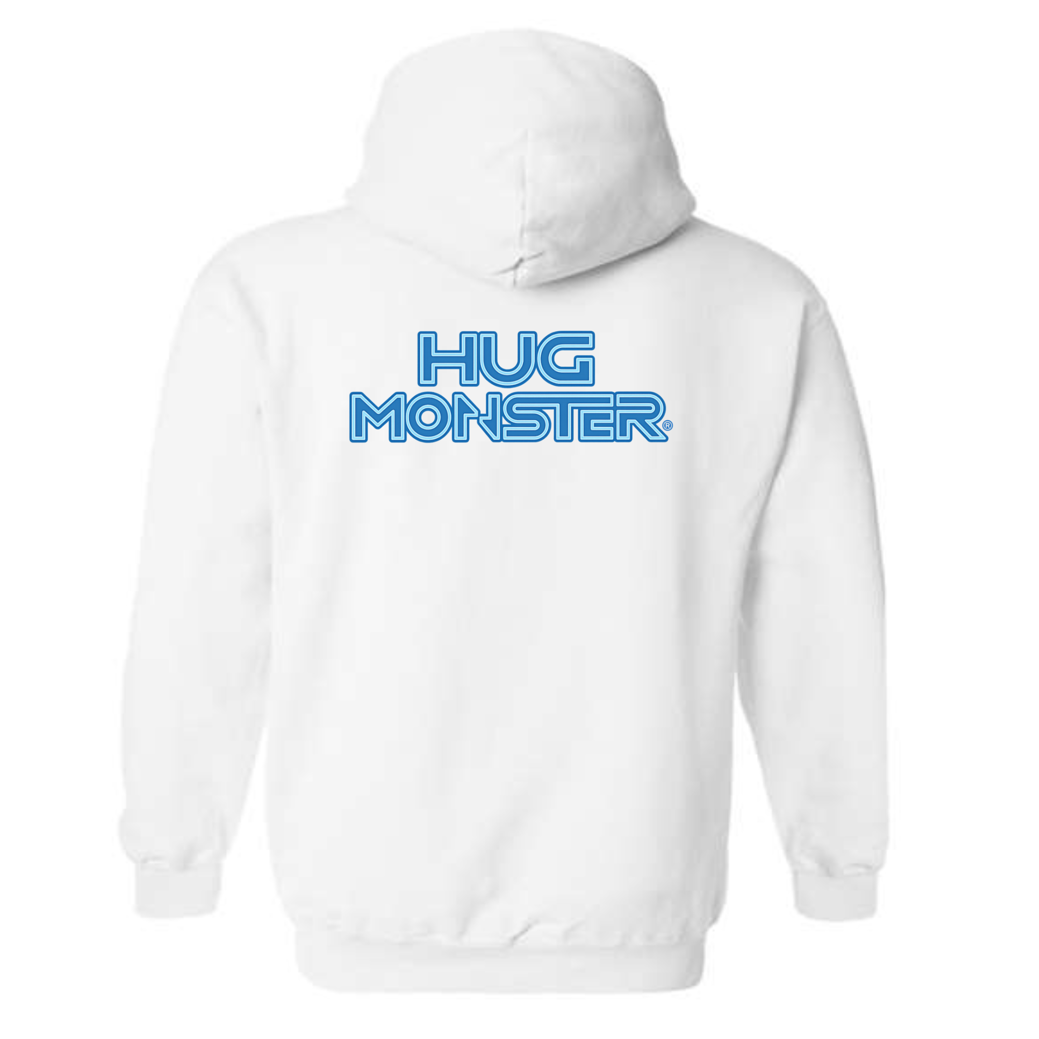 Hug Monster Electric Grid (Blue Logo) graphic hoodie in White cozy fleece positive message sweatshirt