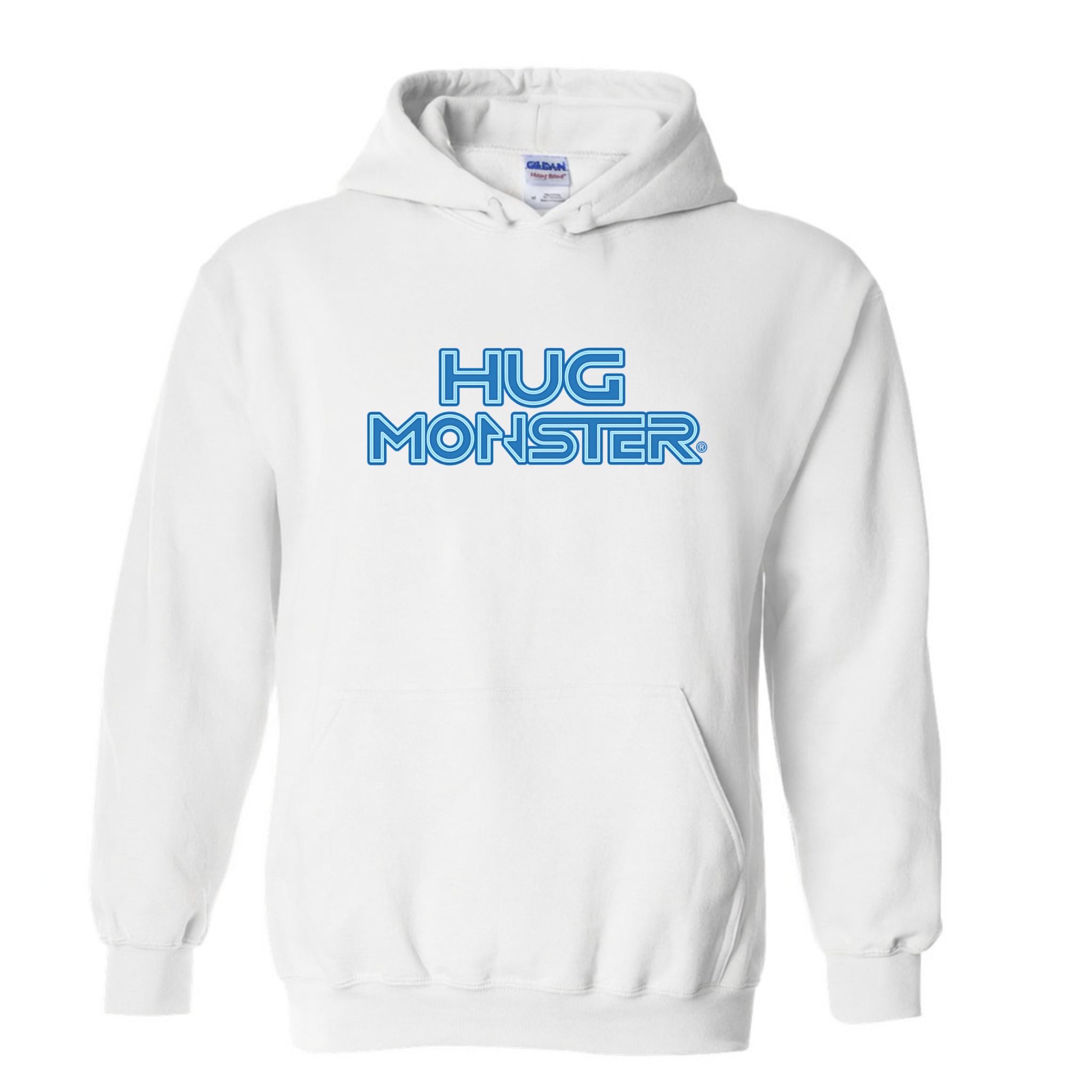 Hug Monster Electric Grid (Blue Logo) graphic hoodie in White cozy fleece positive message sweatshirt